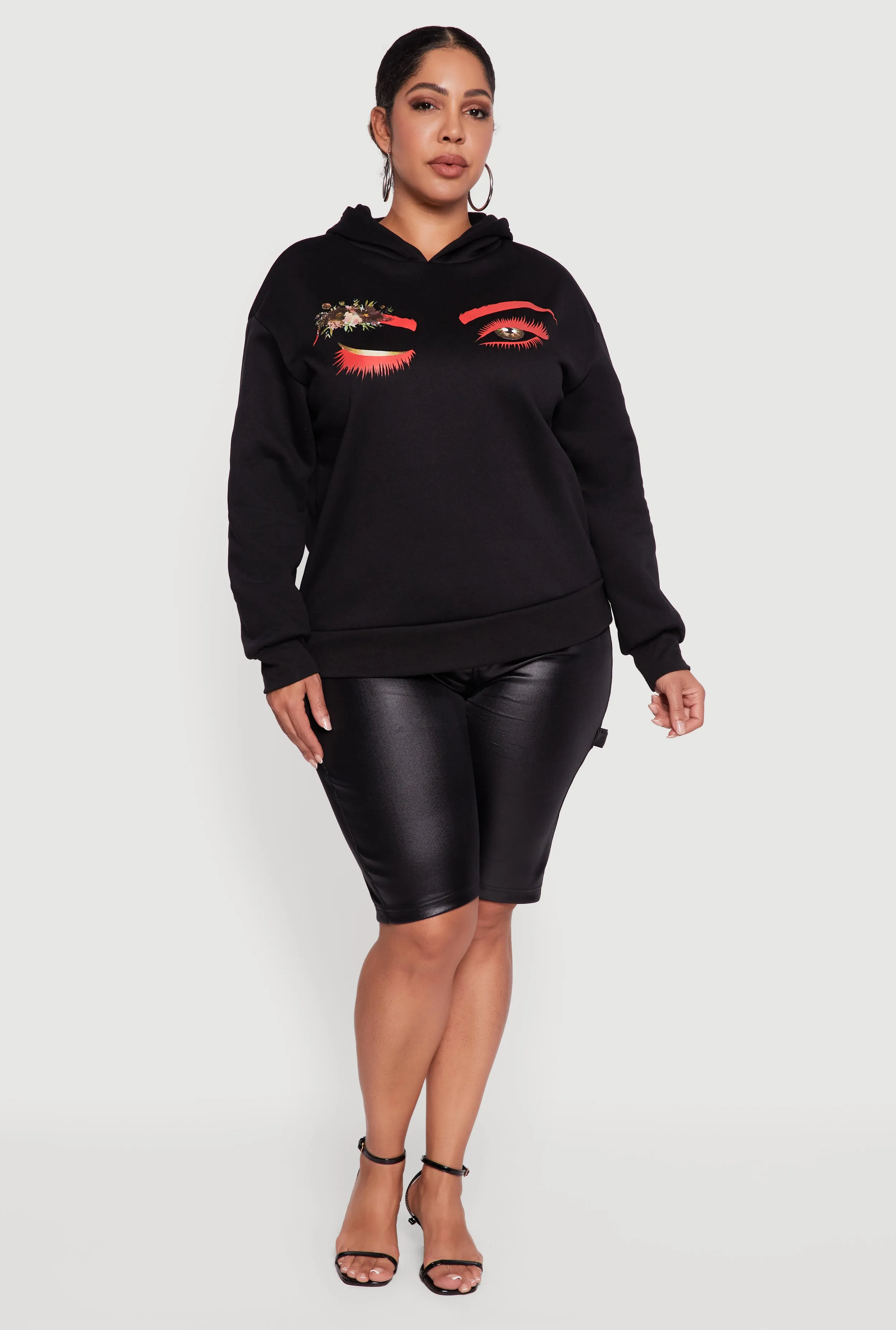 Plus Size Fleece Pullover Hoodie with Winking Eye Graphic sold by Rainbow