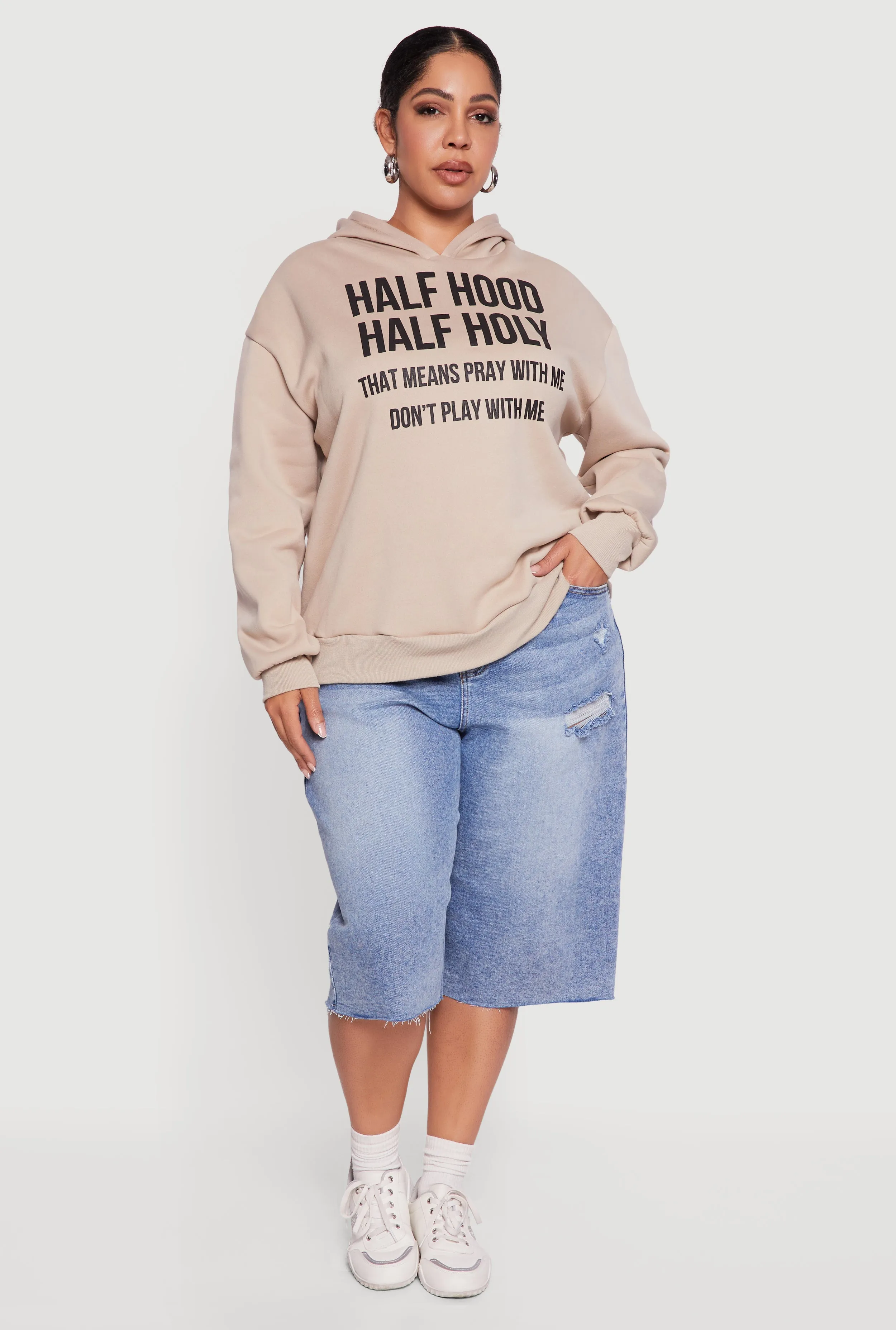 Plus Size Half Hood Half Holy Fleece Pullover Hoodie sold by Rainbow product image thumbnail 2