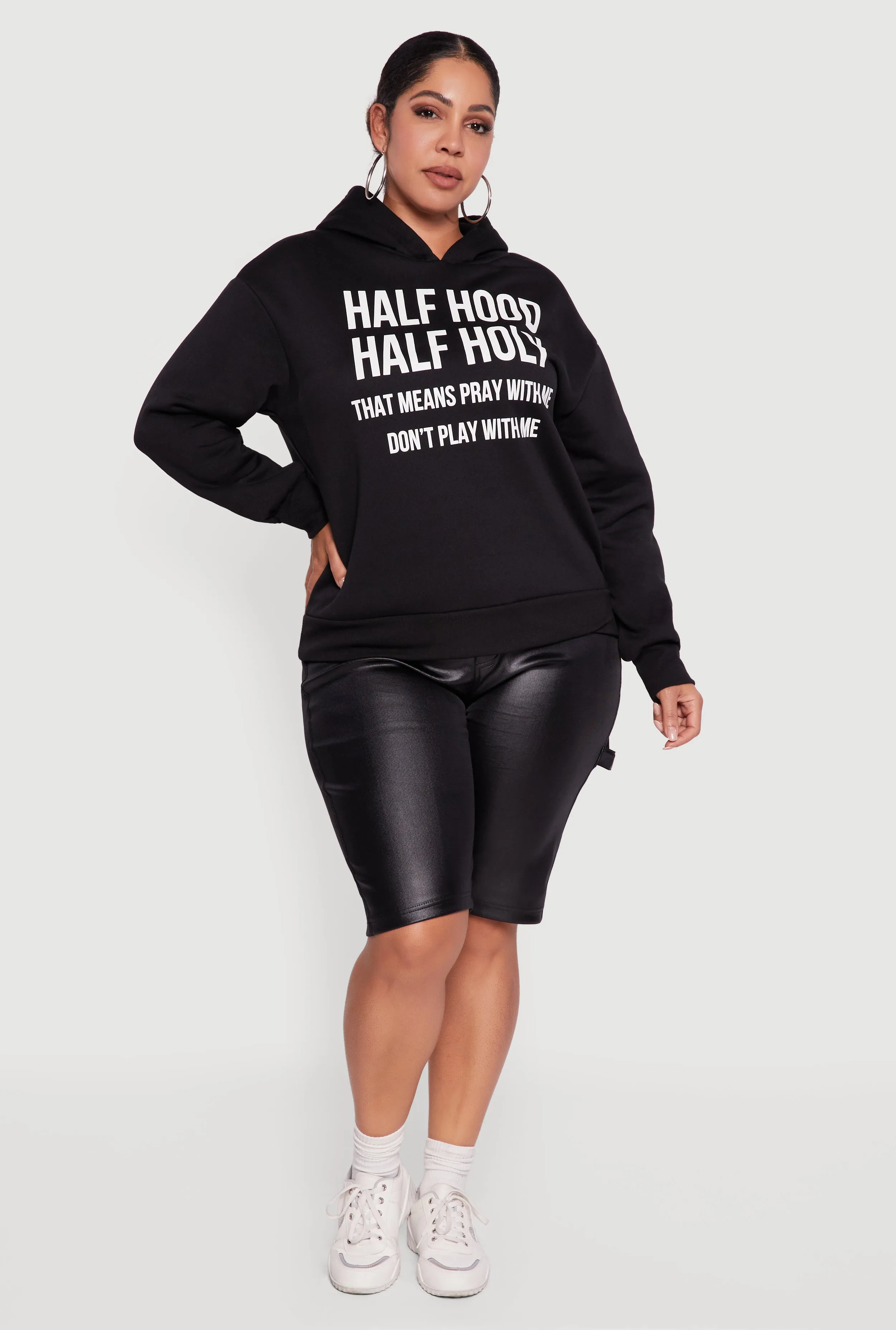 Plus Size Half Hood Half Holy Fleece Pullover Hoodie sold by Rainbow