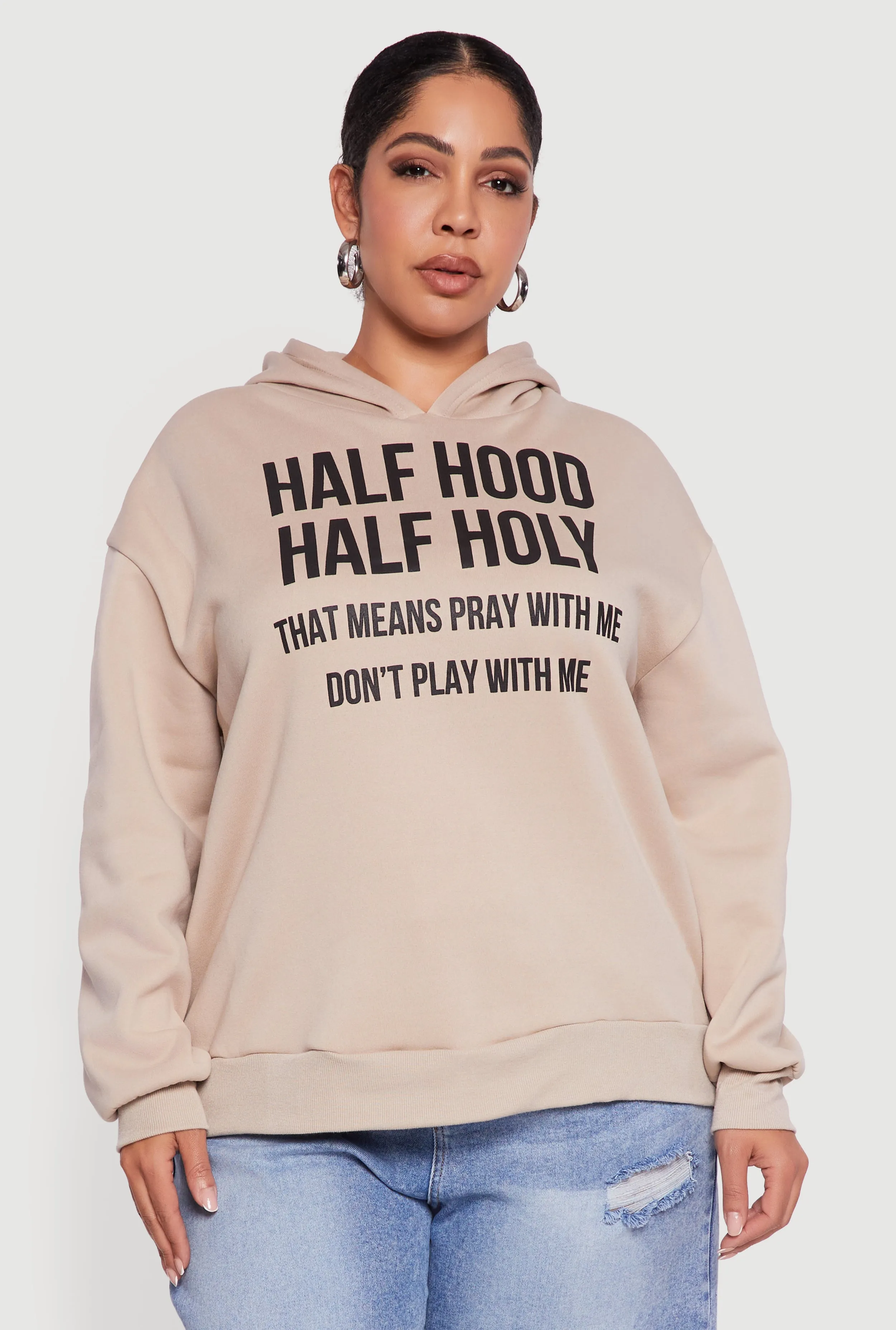 Plus Size Half Hood Half Holy Fleece Pullover Hoodie sold by Rainbow product image thumbnail 2