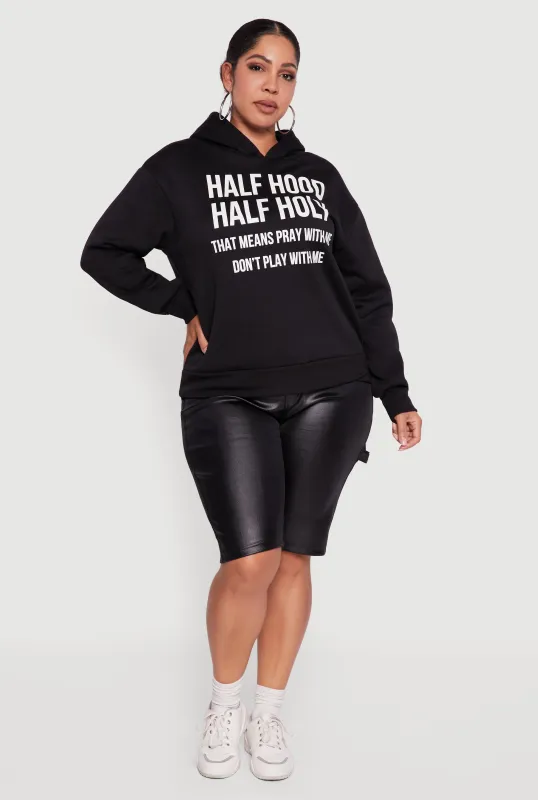Plus Size Half Hood Half Holy Fleece Pullover Hoodie sold by Rainbow