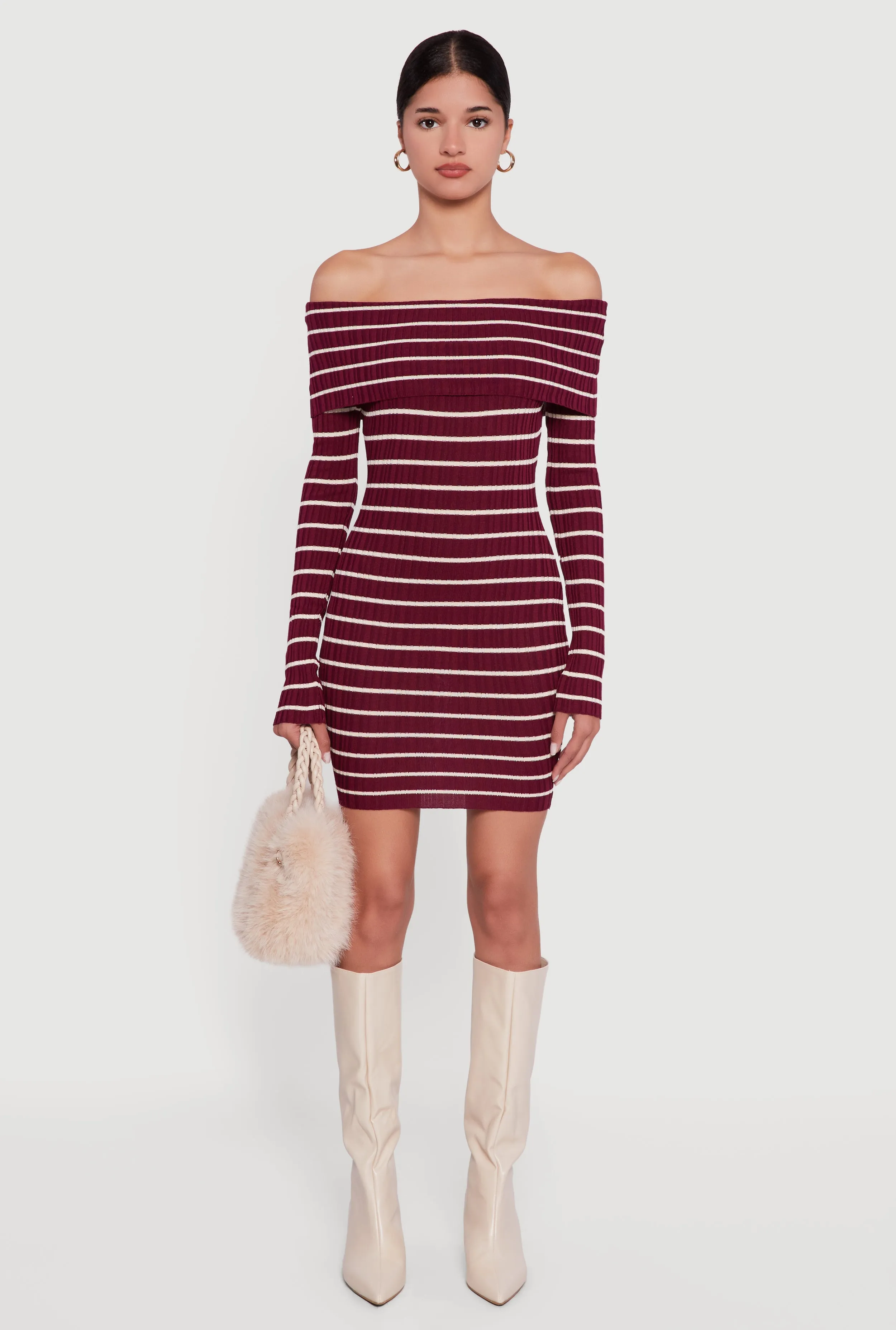 Striped Fold Over Off the Shoulder Sweater Dress sold by Rainbow product image thumbnail 2
