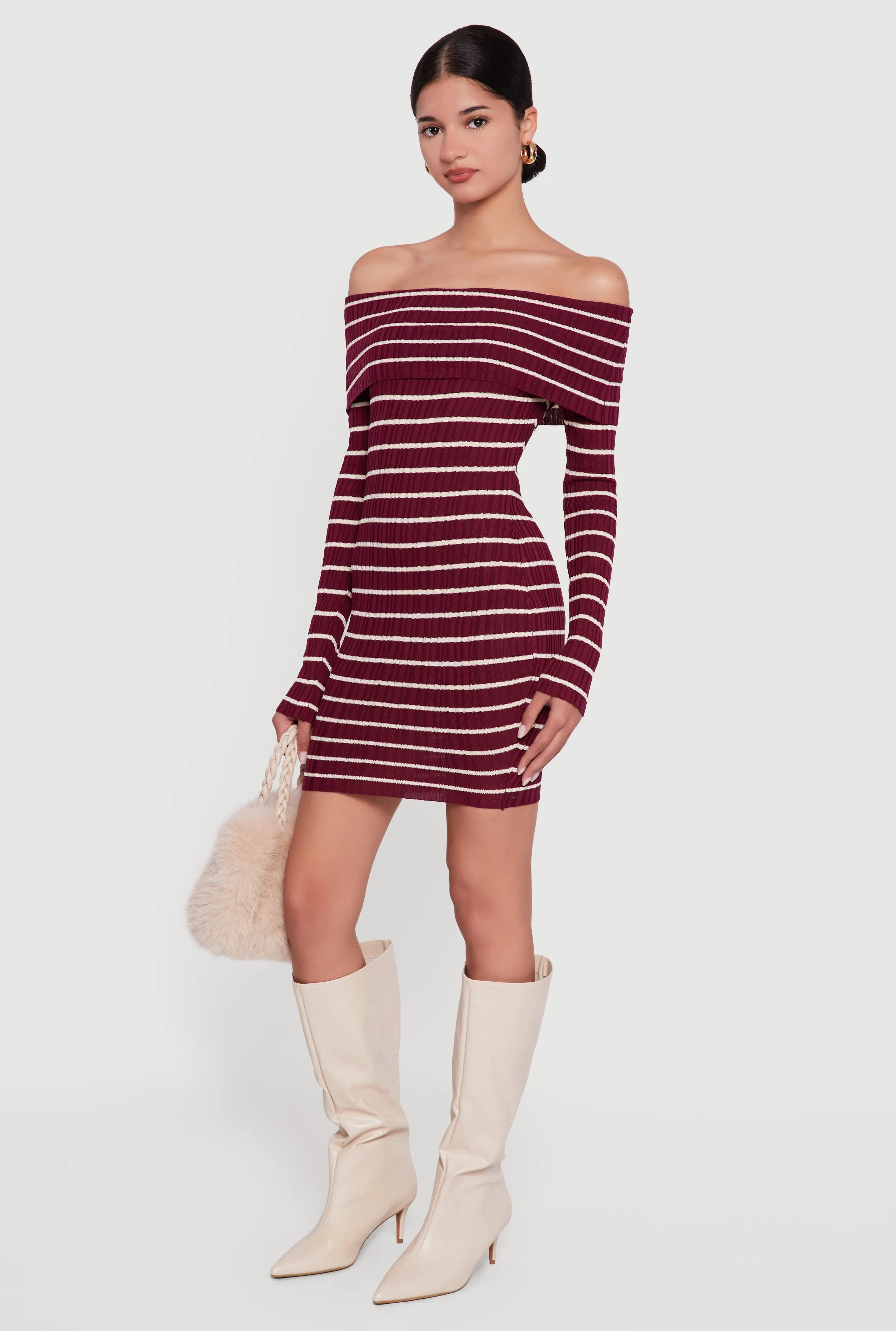 Striped Fold Over Off the Shoulder Sweater Dress sold by Rainbow product image thumbnail 3