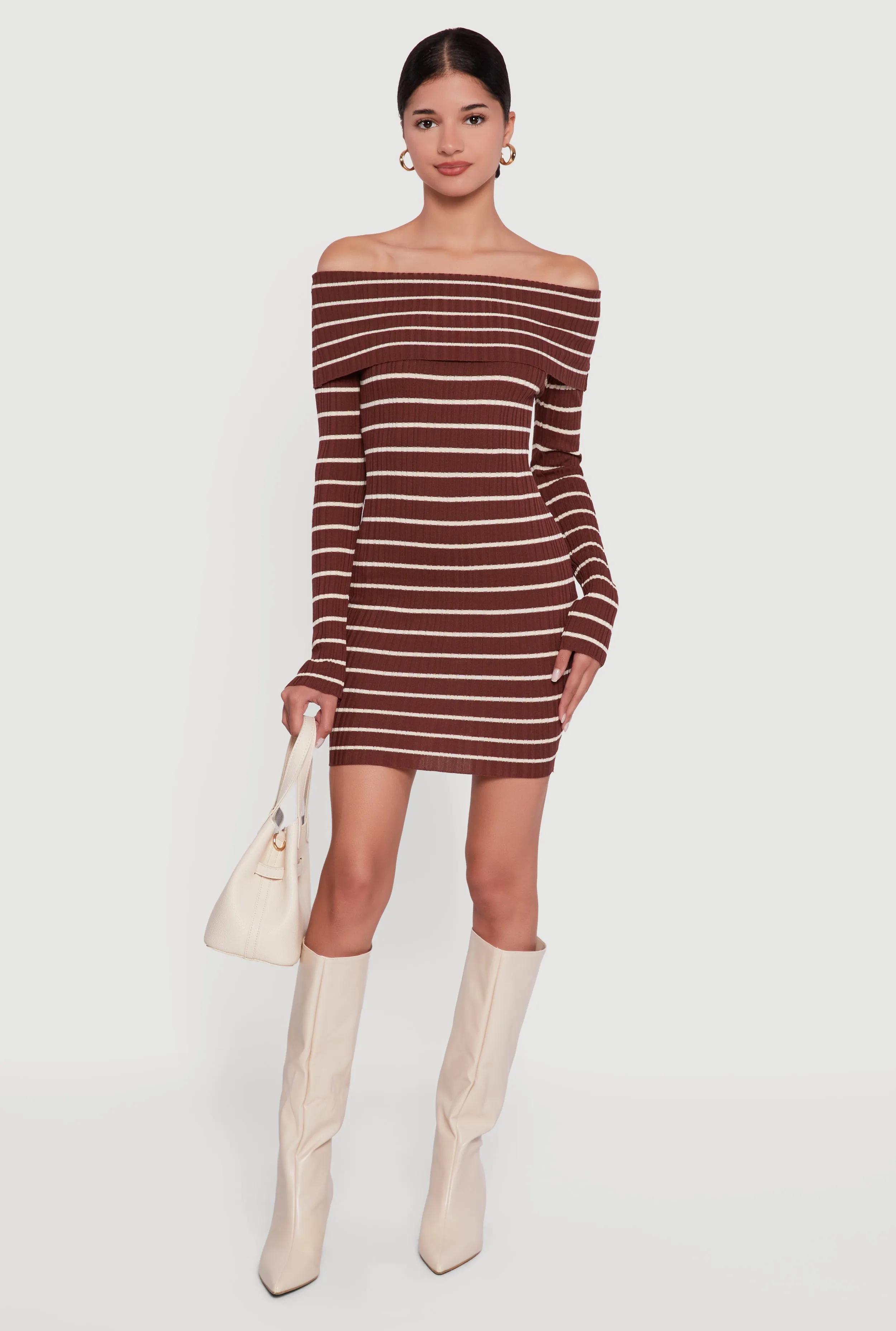 Striped Fold Over Off the Shoulder Sweater Dress sold by Rainbow