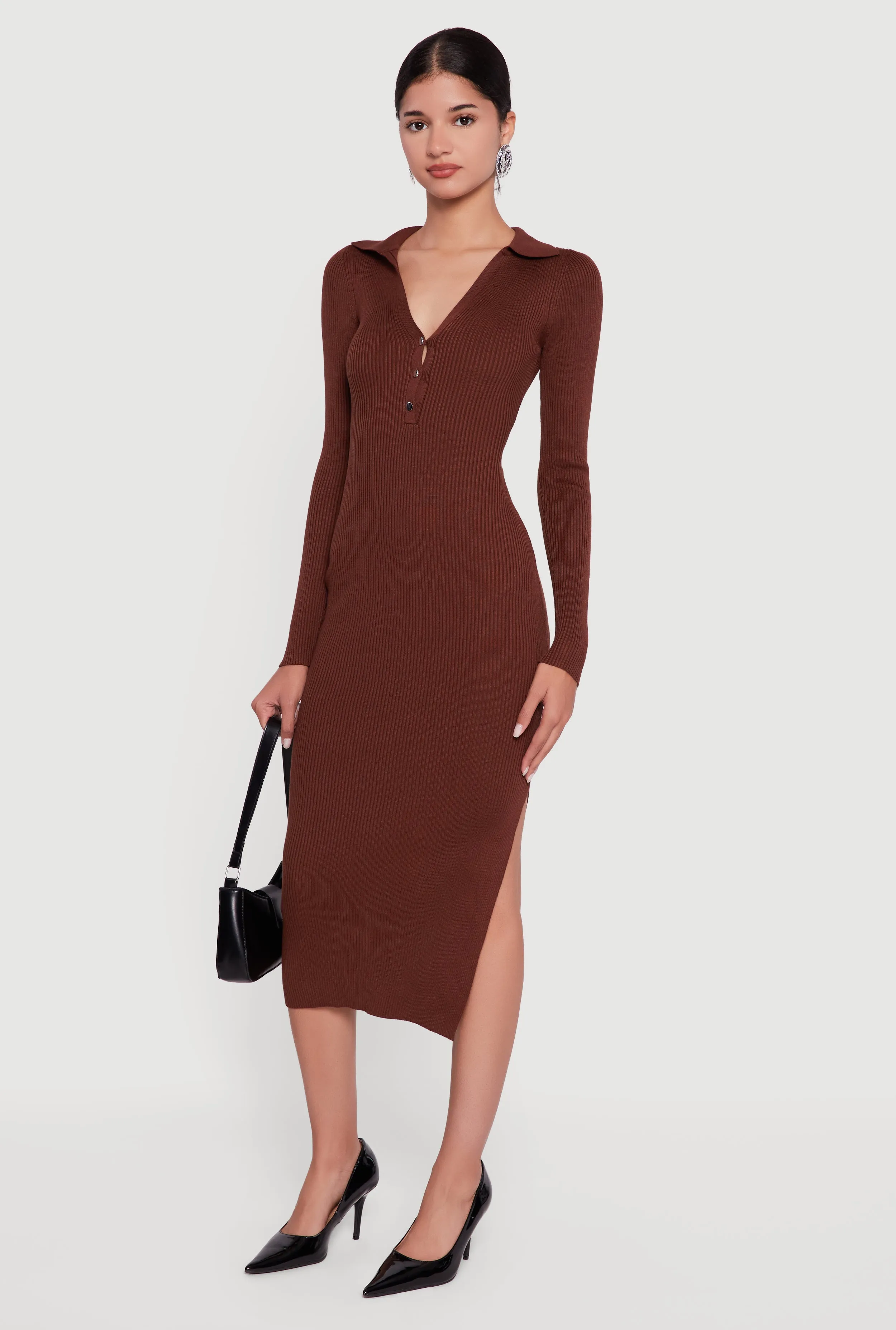 Ribbed Knit Midi Sweater Dress with Side Slit sold by Rainbow product image thumbnail 3