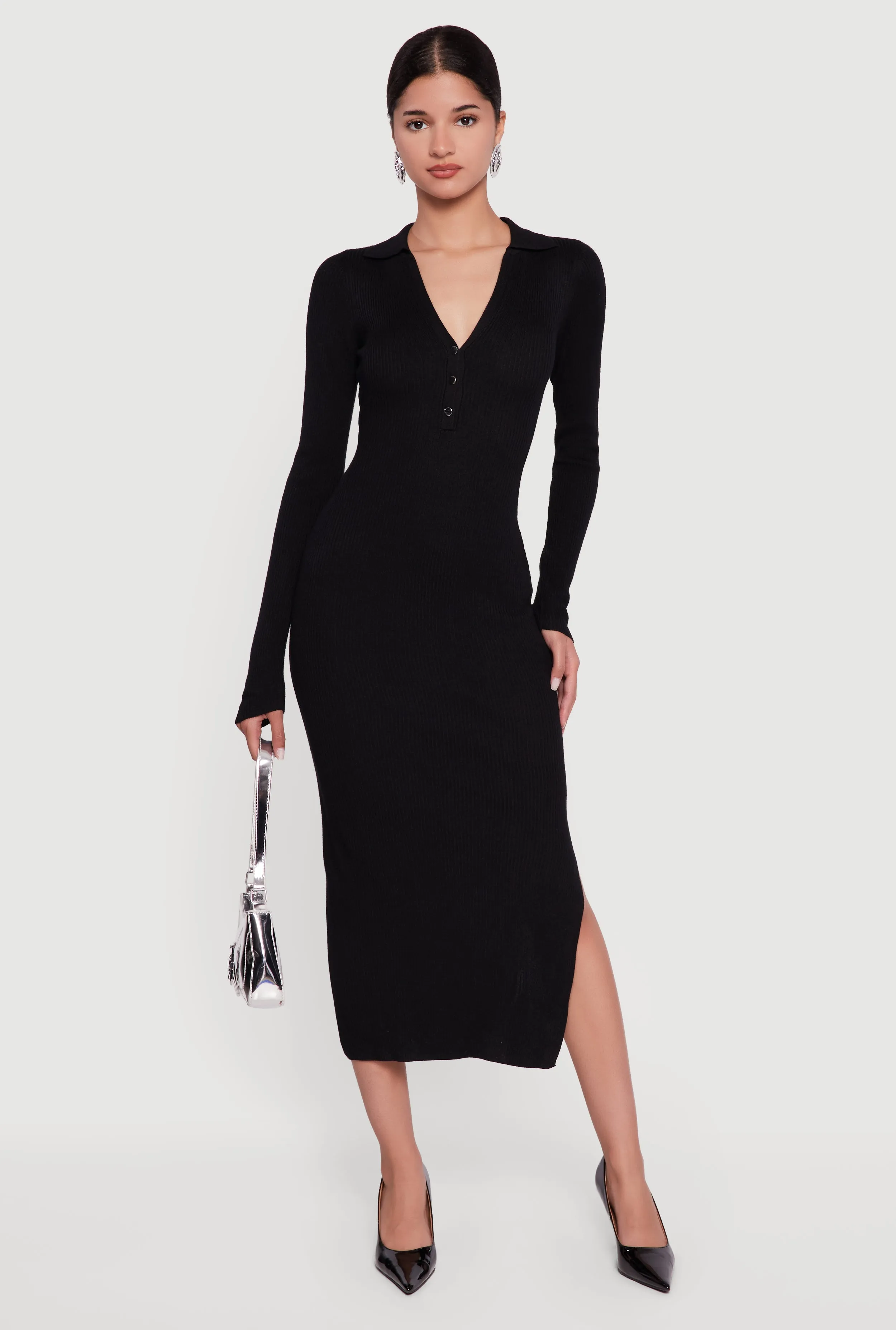 Ribbed Knit Midi Sweater Dress with Side Slit sold by Rainbow