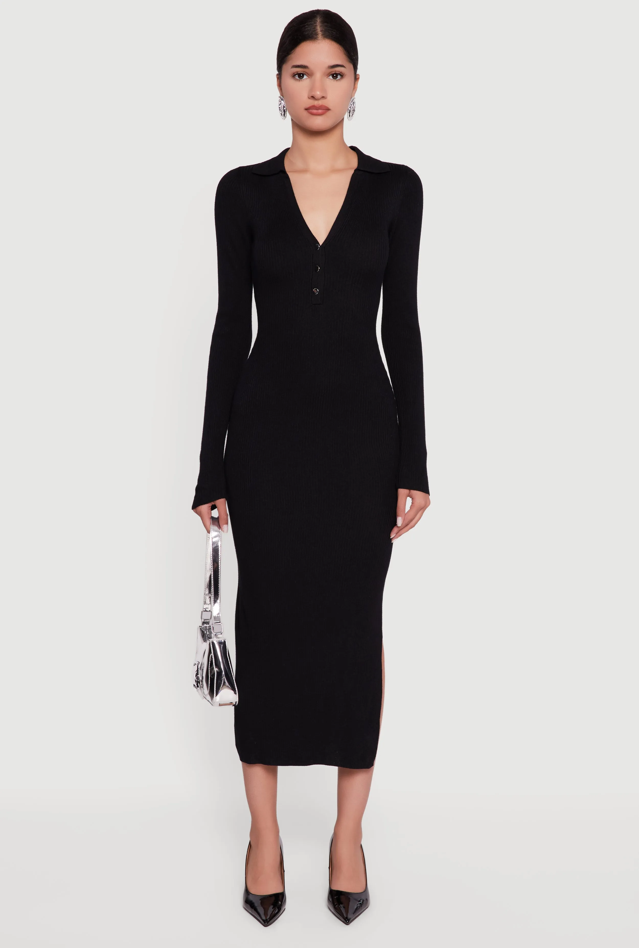 Ribbed Knit Midi Sweater Dress with Side Slit sold by Rainbow product image thumbnail 2