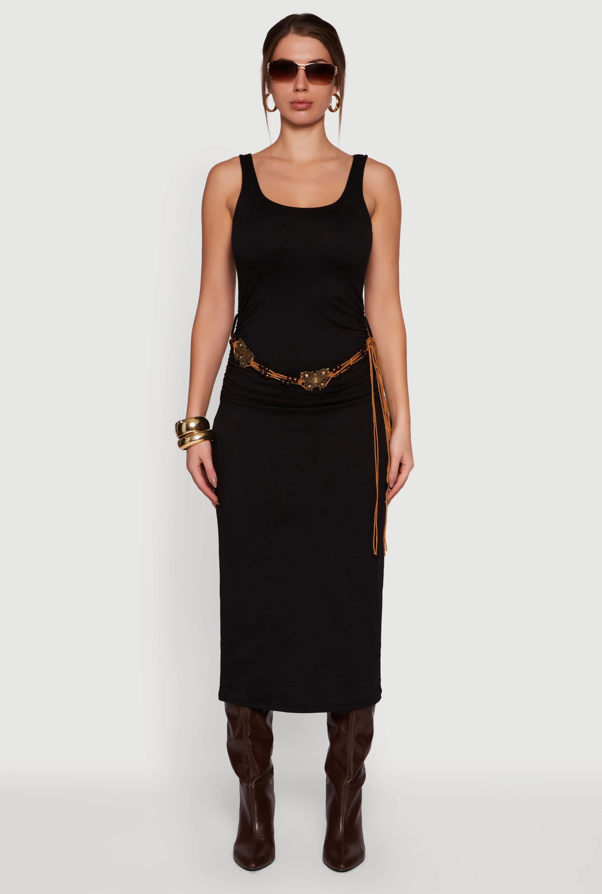 Sleeveless Ruched Maxi Dress with Beaded Boho Belt sold by Rainbow