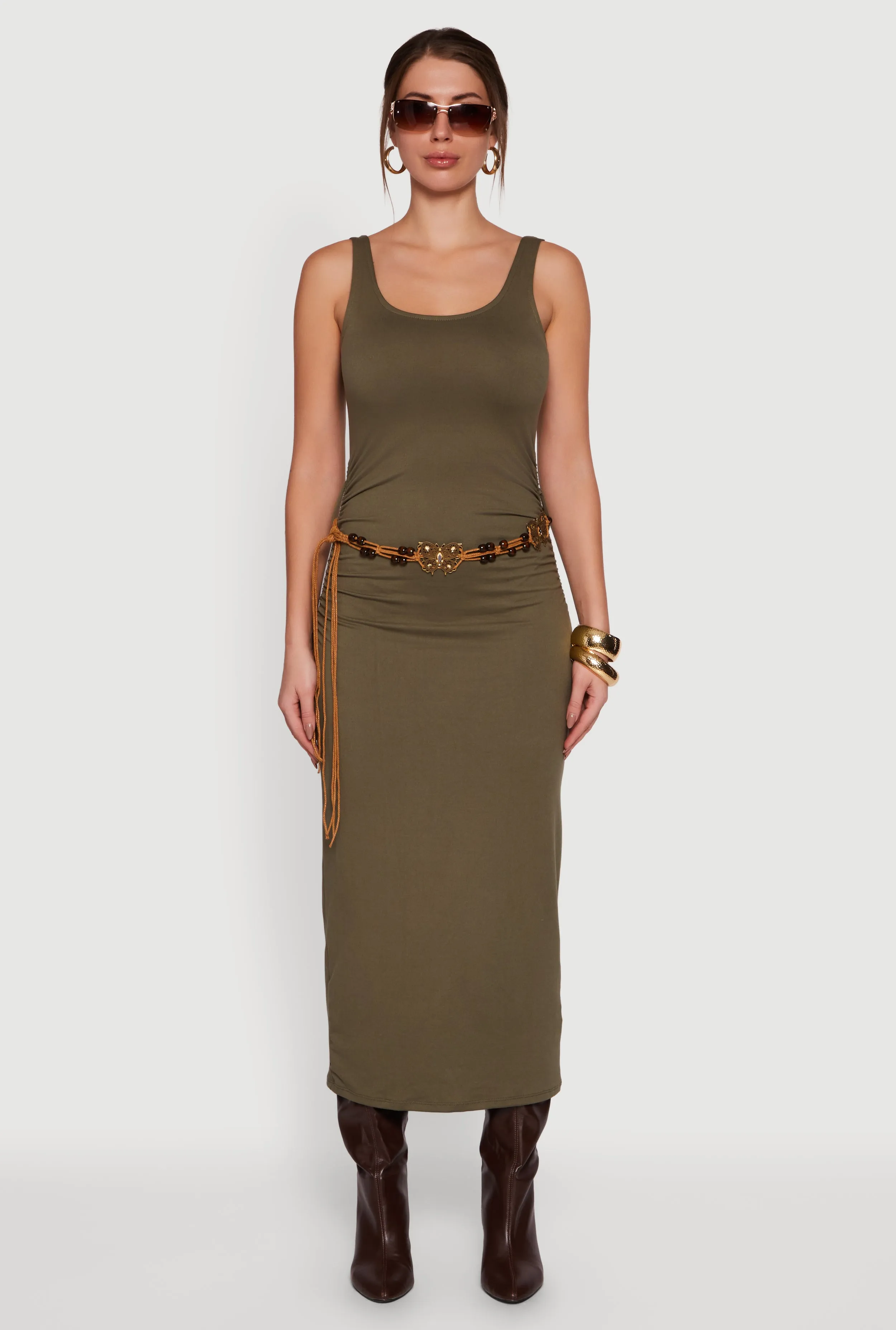 Sleeveless Ruched Maxi Dress with Beaded Boho Belt sold by Rainbow product image thumbnail 2