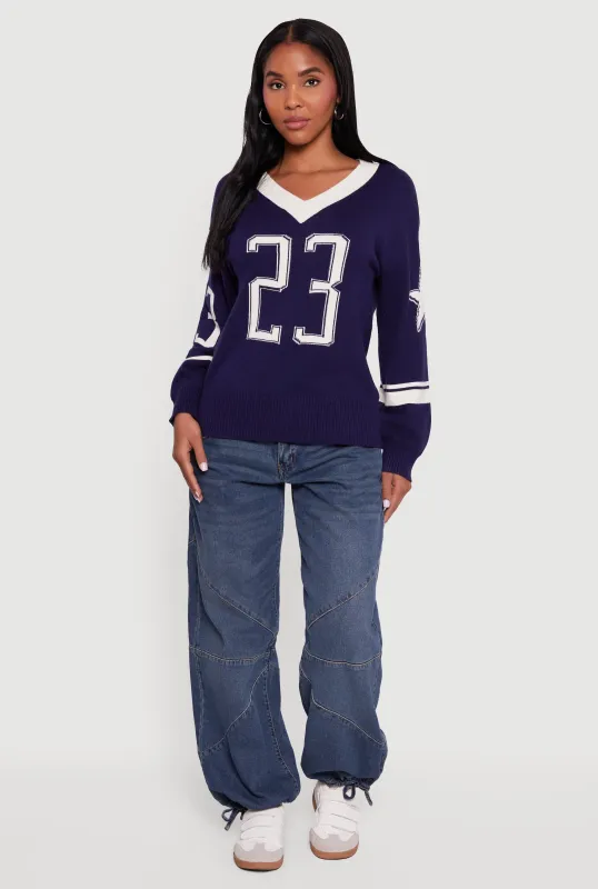 Ribbed Knit 23 Graphic V Neck Sweater sold by Rainbow