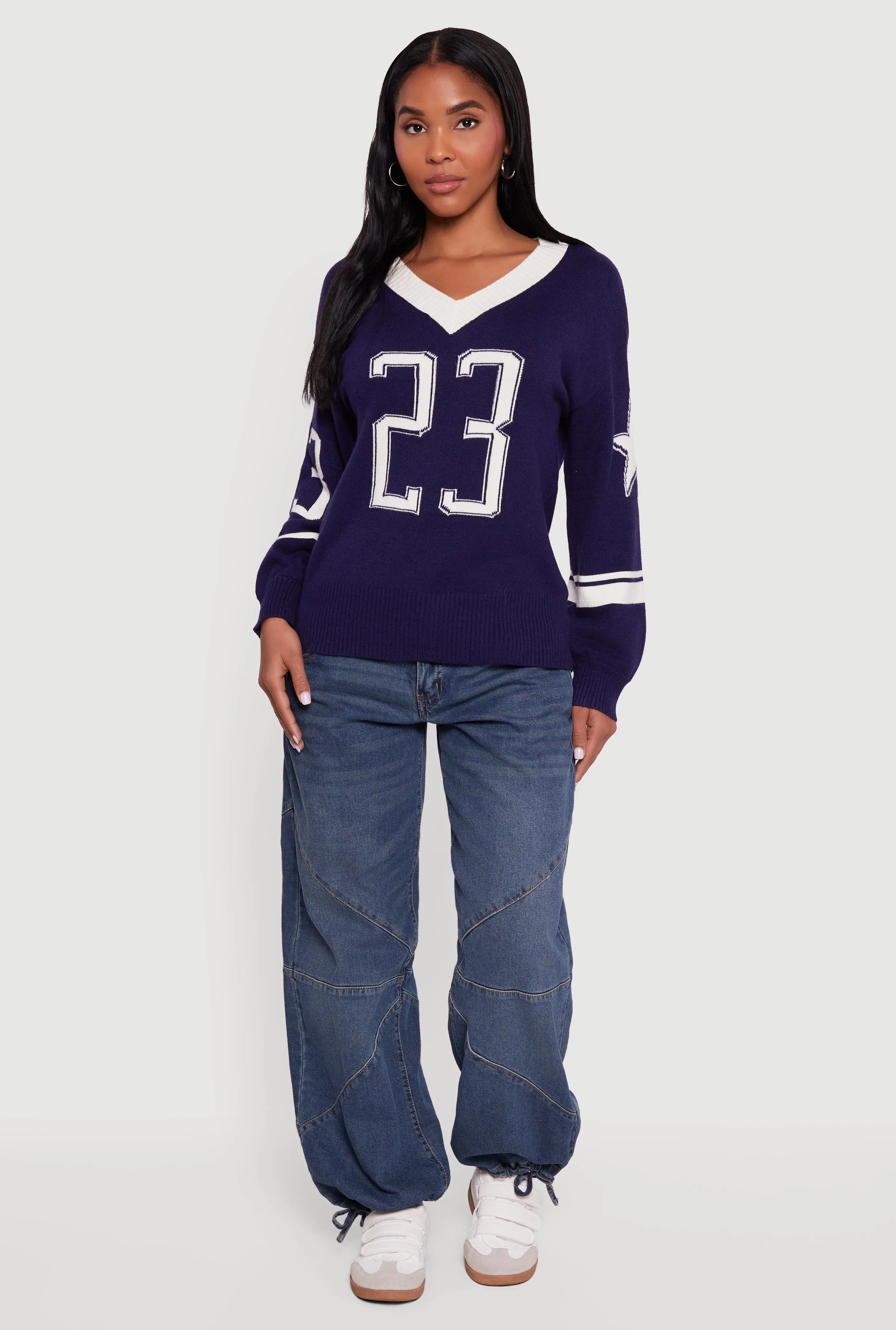 Ribbed Knit 23 Graphic V Neck Sweater sold by Rainbow