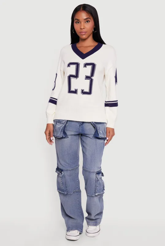 Ribbed Knit 23 Graphic V Neck Sweater sold by Rainbow