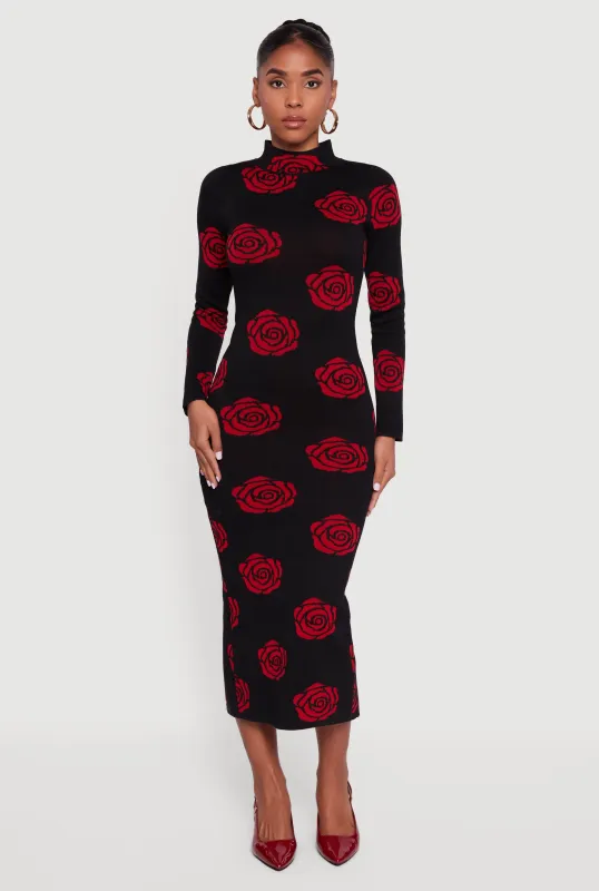 Long Sleeve Rose Print Dress with Back Slit sold by Rainbow