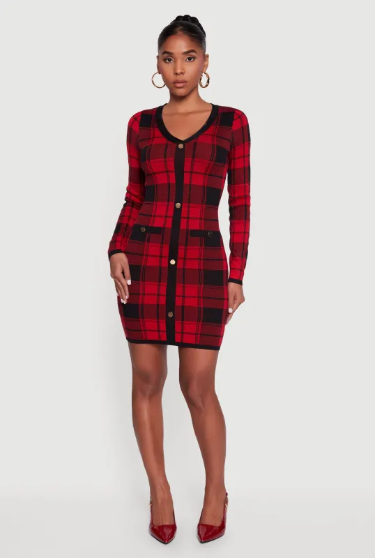Faux Button Long Sleeve V Neck Plaid Sweater Dress sold by Rainbow