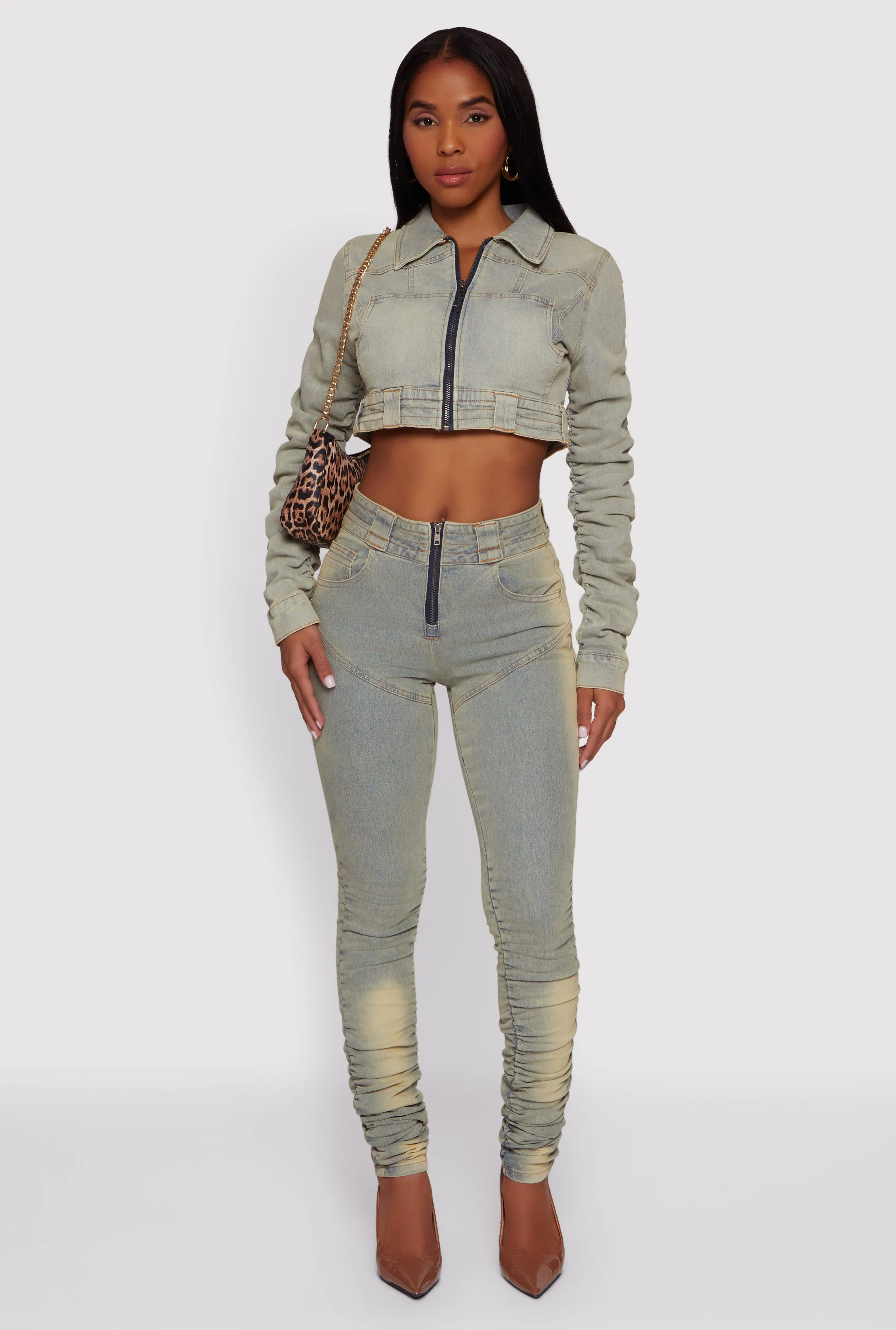 Acid Wash Cropped Zip Front Jean Jacket sold by Rainbow product image thumbnail 2