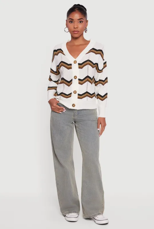 Pointelle Chevron Stripe Button Front Cardigan sold by Rainbow