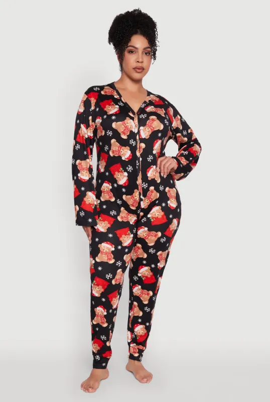 Plus Size Santa Teddy Bear Print Pajama Onesie sold by Rainbow