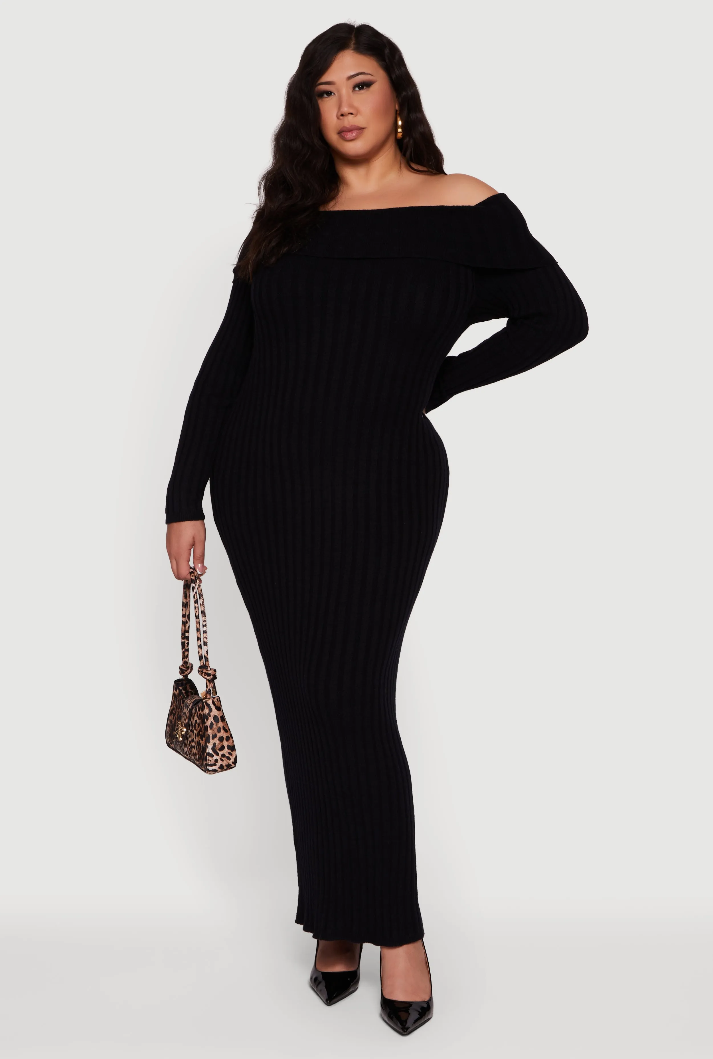 Plus Size Rib Knit Fold Over Off the Shoulder Maxi Dress sold by Rainbow