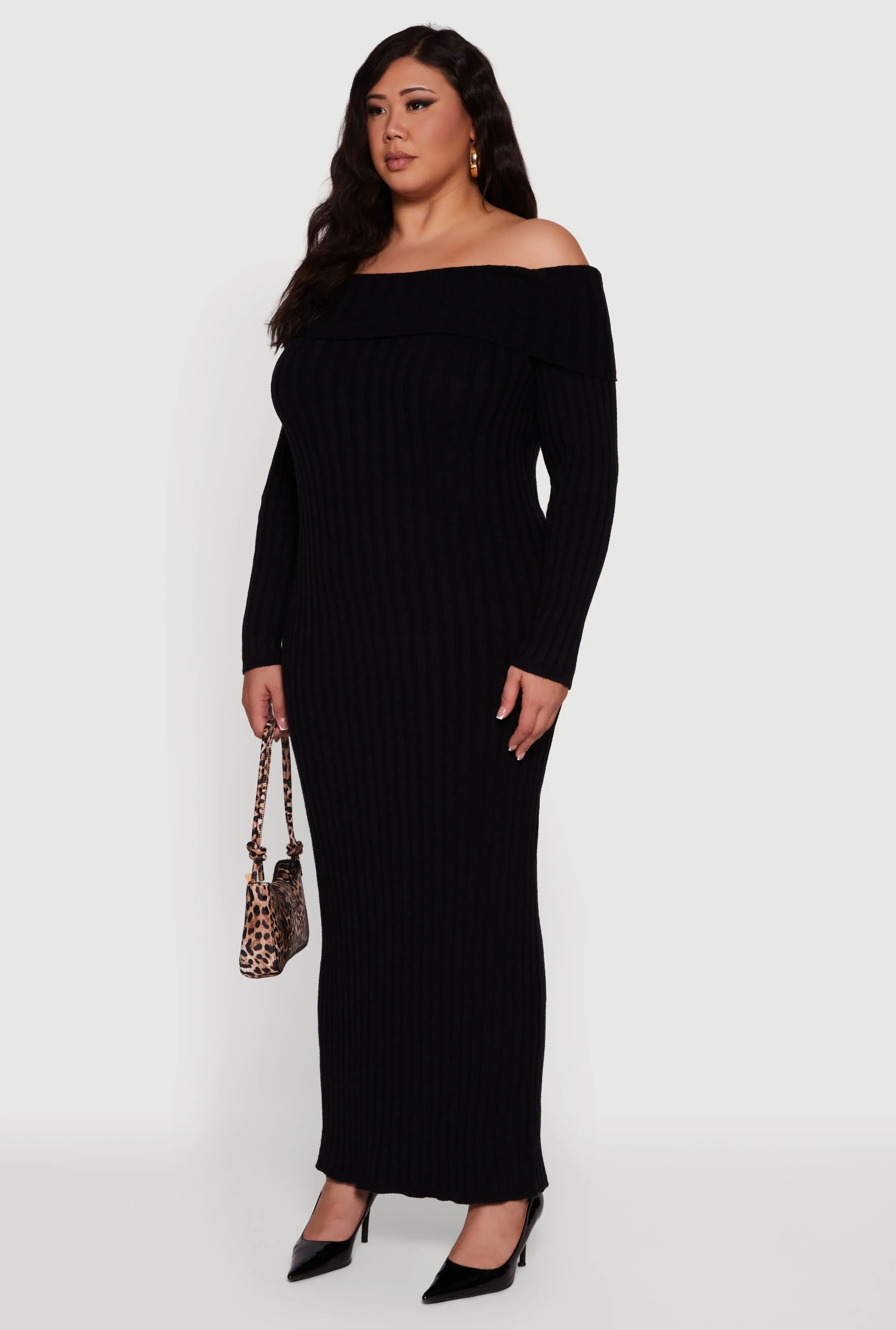 Plus Size Rib Knit Fold Over Off the Shoulder Maxi Dress sold by Rainbow product image thumbnail 3
