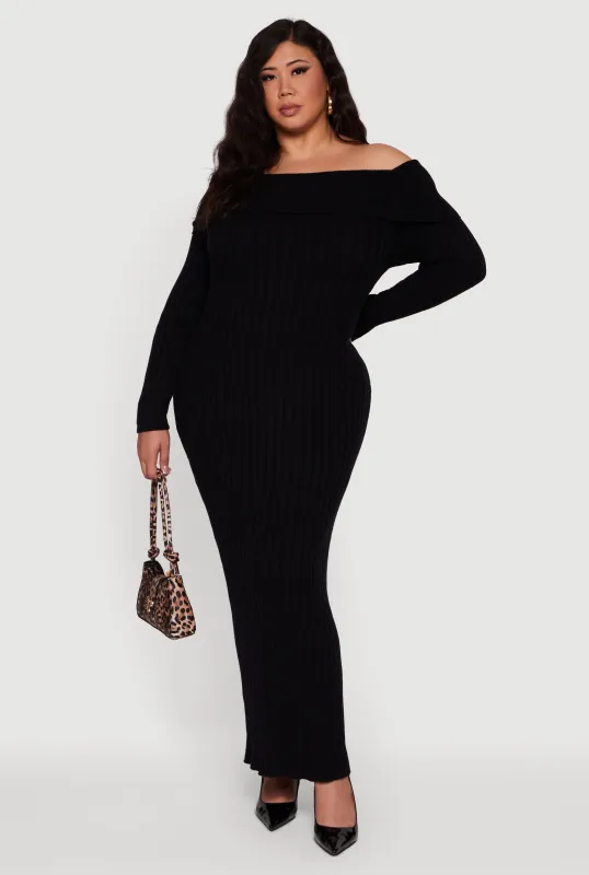 Plus Size Rib Knit Fold Over Off the Shoulder Maxi Dress sold by Rainbow