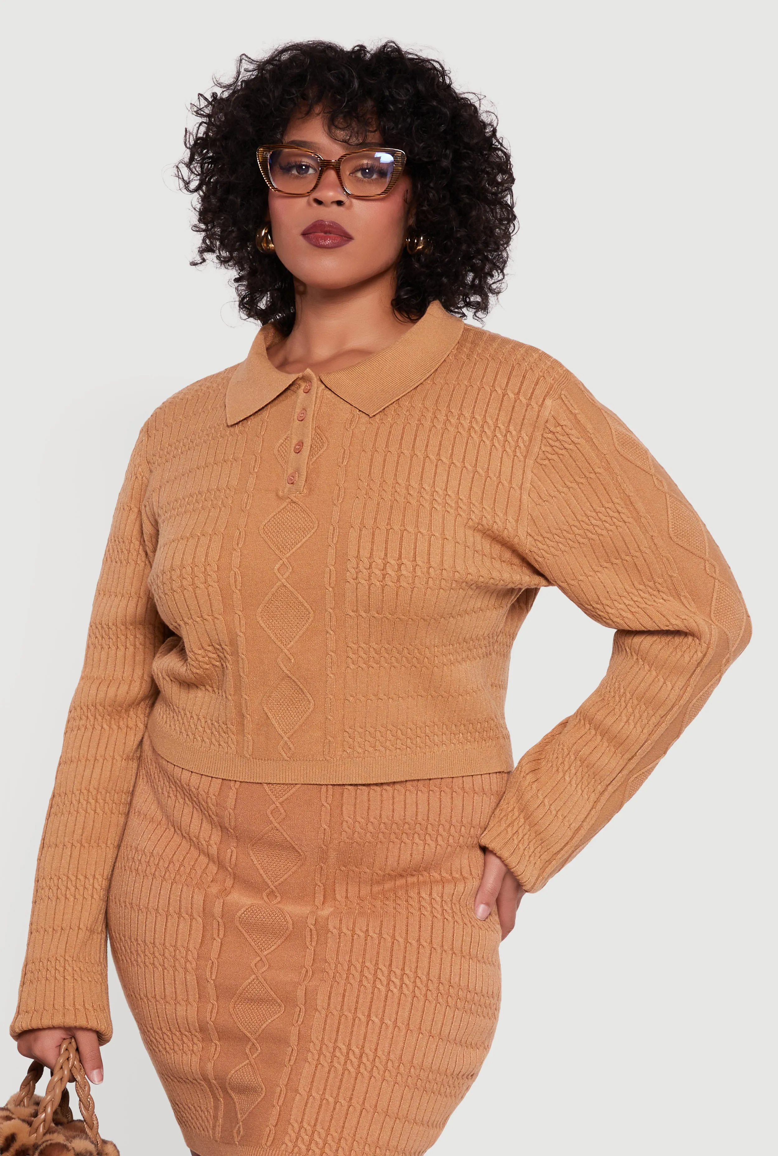 Plus Size Long Sleeve Polo Collar Cable Knit Sweater sold by Rainbow product image thumbnail 2