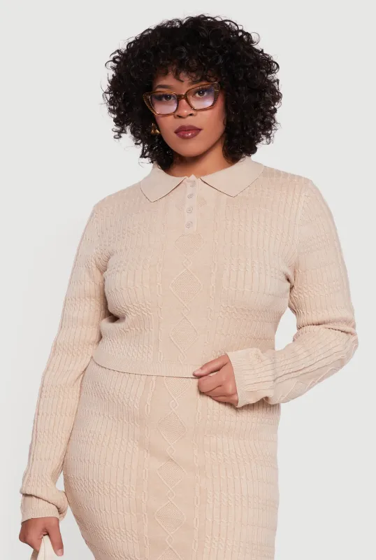 Plus Size Long Sleeve Polo Collar Cable Knit Sweater sold by Rainbow