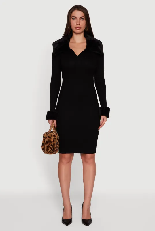 Midi Sweater Dress with Removable Faux Fur Collar and Cuffs sold by Rainbow