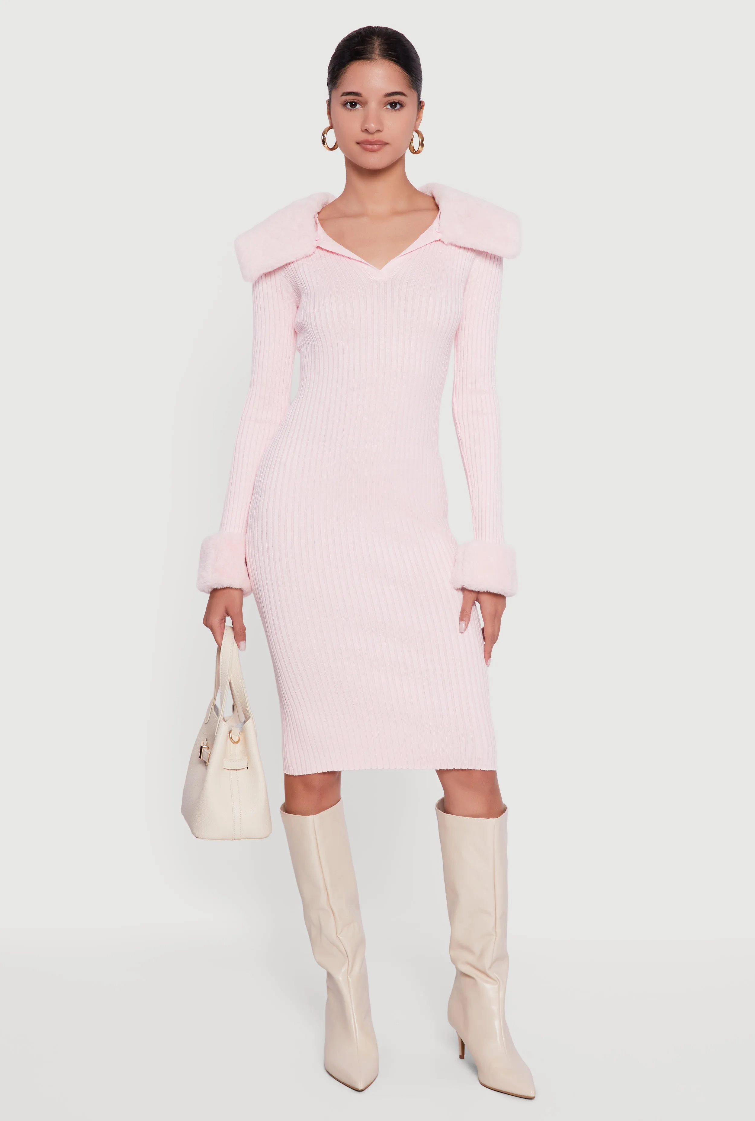 Midi Sweater Dress with Removable Faux Fur Collar and Cuffs sold by Rainbow