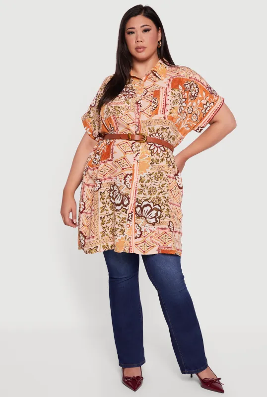 Plus Size Patterned Button Front Tunic Shirt sold by Rainbow