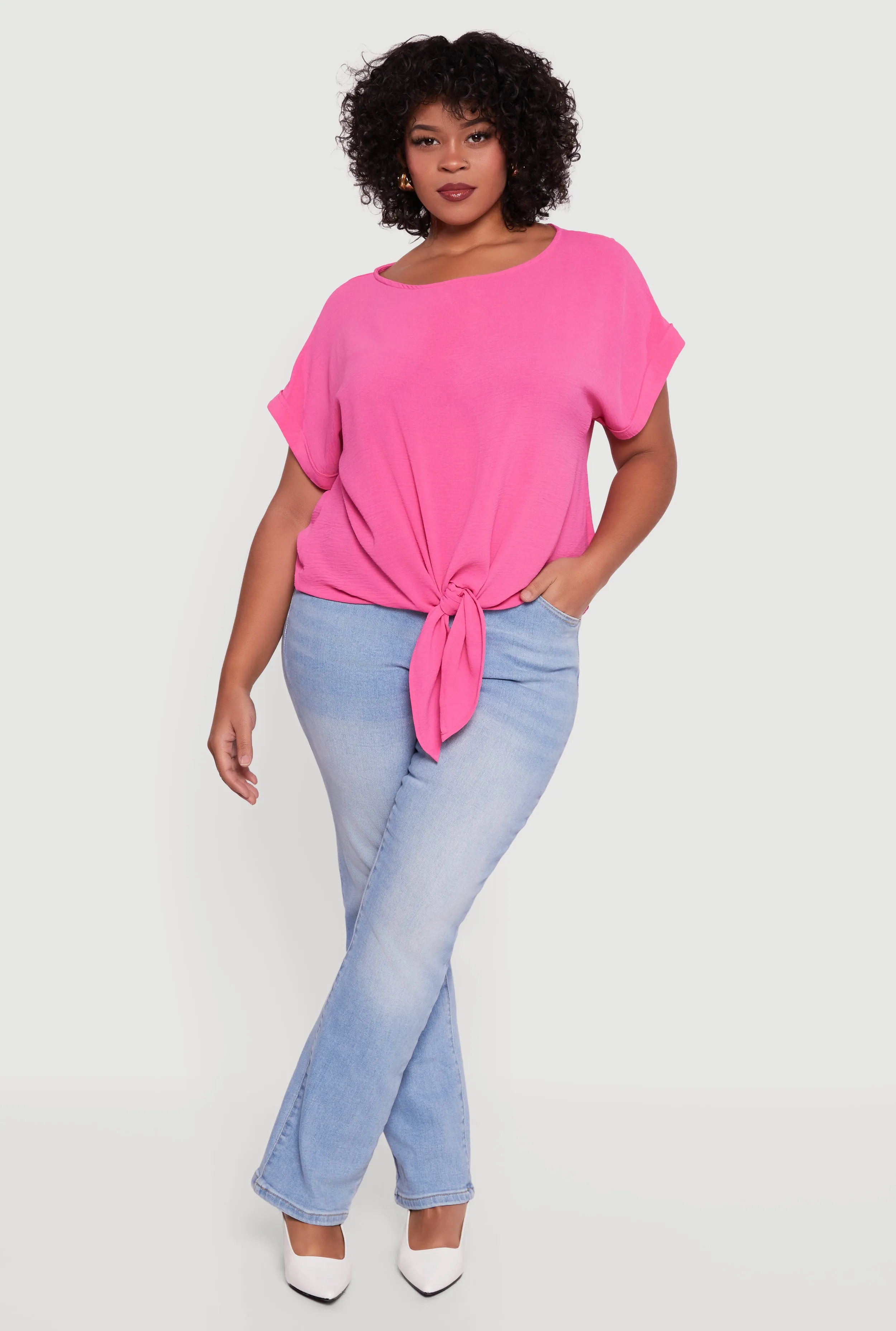 Plus Size Crepe Knit Boat Neck Tie Front Blouse sold by Rainbow