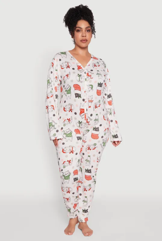 Plus Size Polka Dot Cat Graphic Pajama Onesie sold by Rainbow