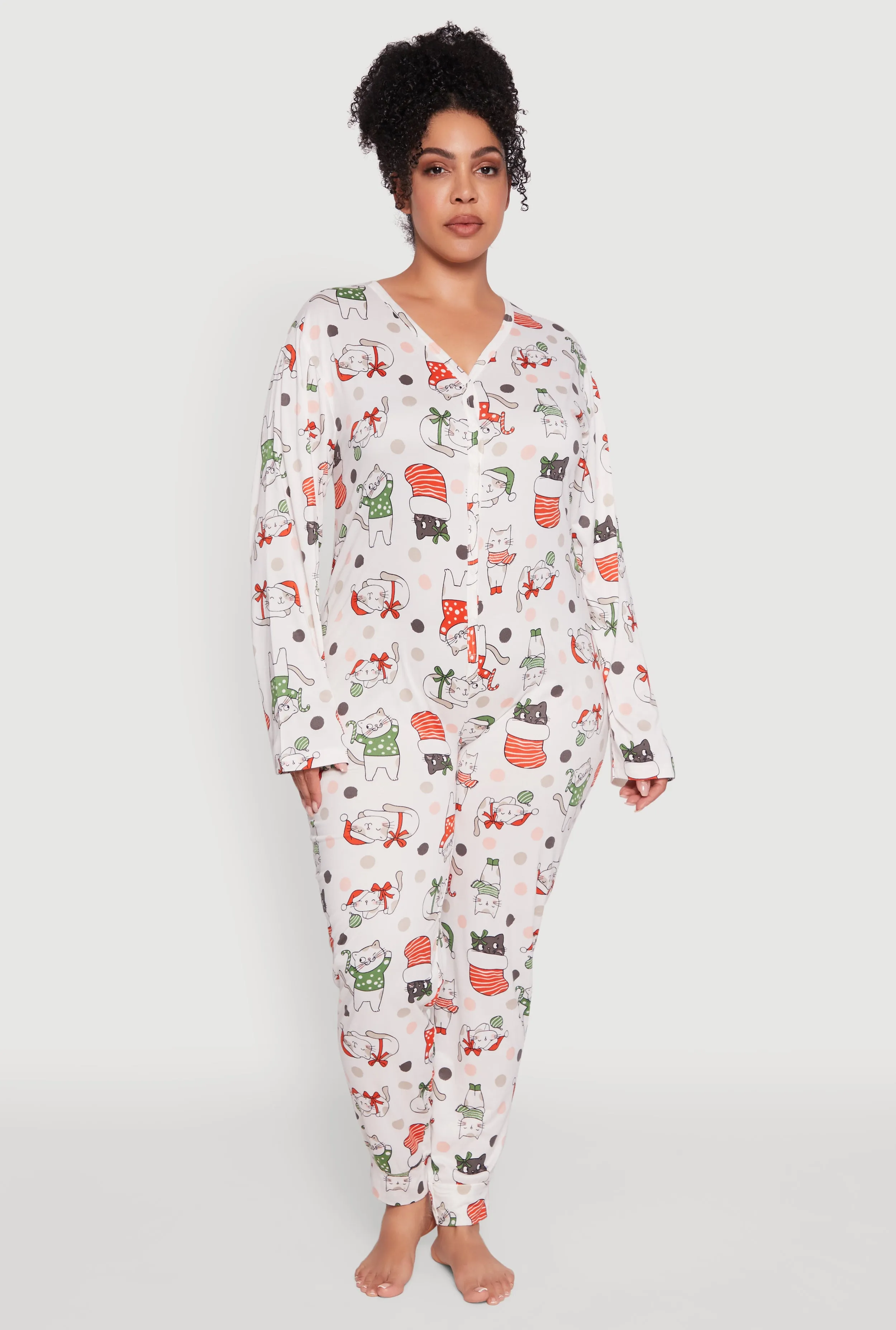 Plus Size Polka Dot Cat Graphic Pajama Onesie sold by Rainbow