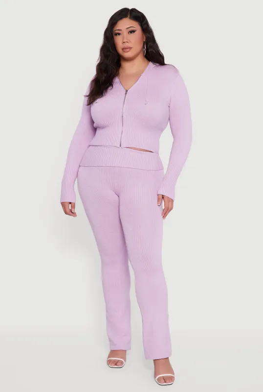 Plus Size Ribbed Knit Fold Over Flare Pants sold by Rainbow