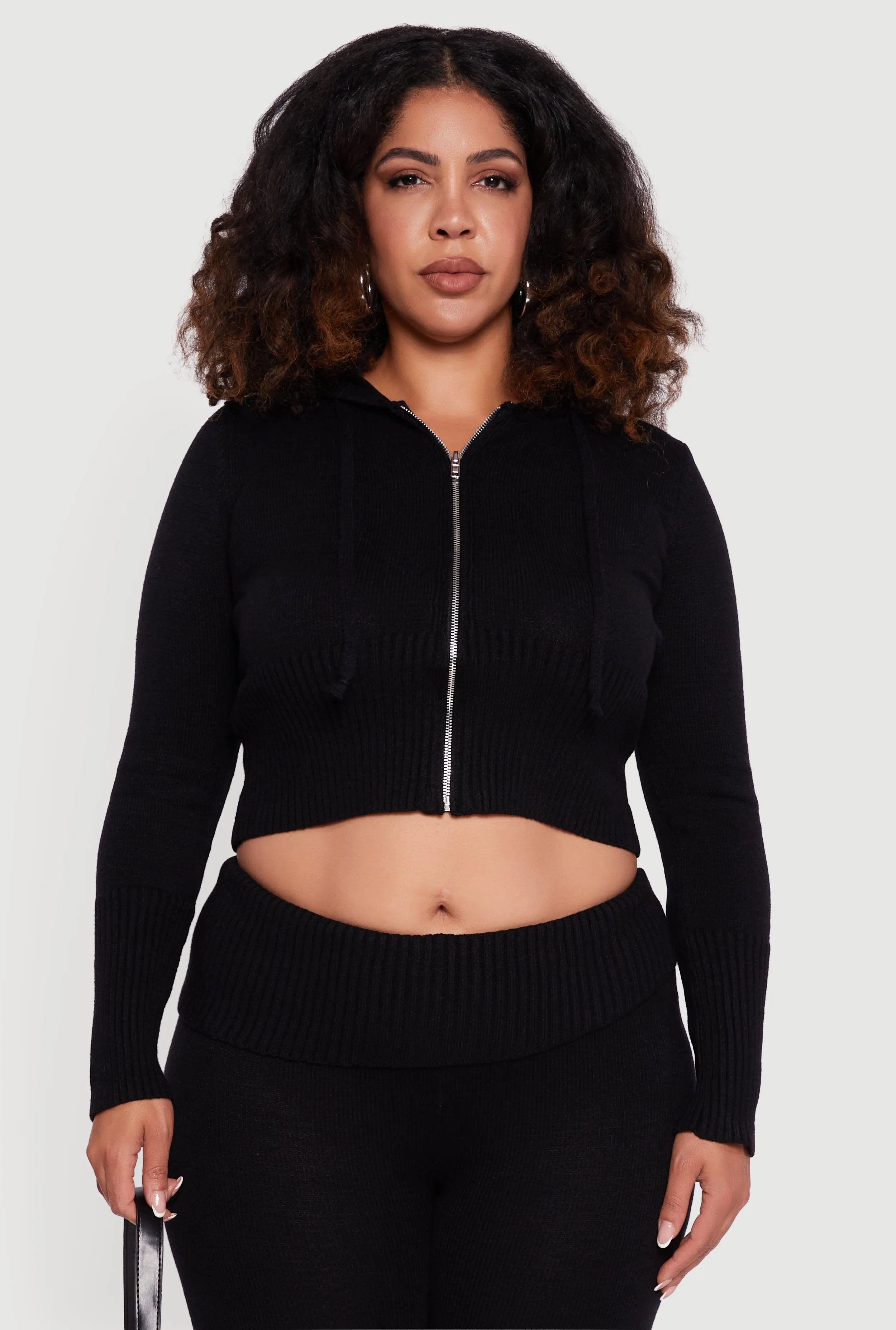 Plus Size Zip Front Hooded Ribbed Knit Cropped Sweater sold by Rainbow product image thumbnail 2