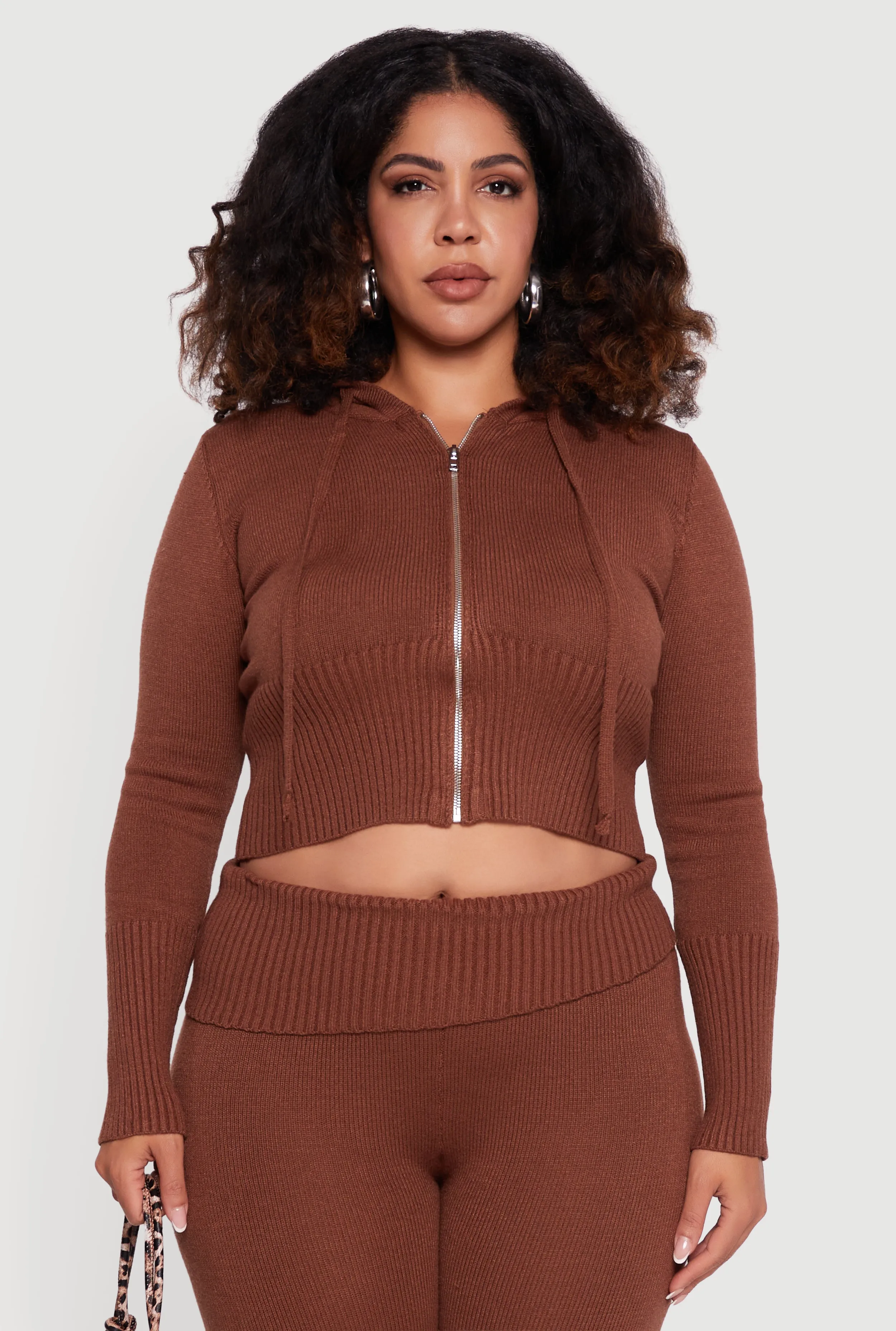 Plus Size Zip Front Hooded Ribbed Knit Cropped Sweater sold by Rainbow product image thumbnail 5