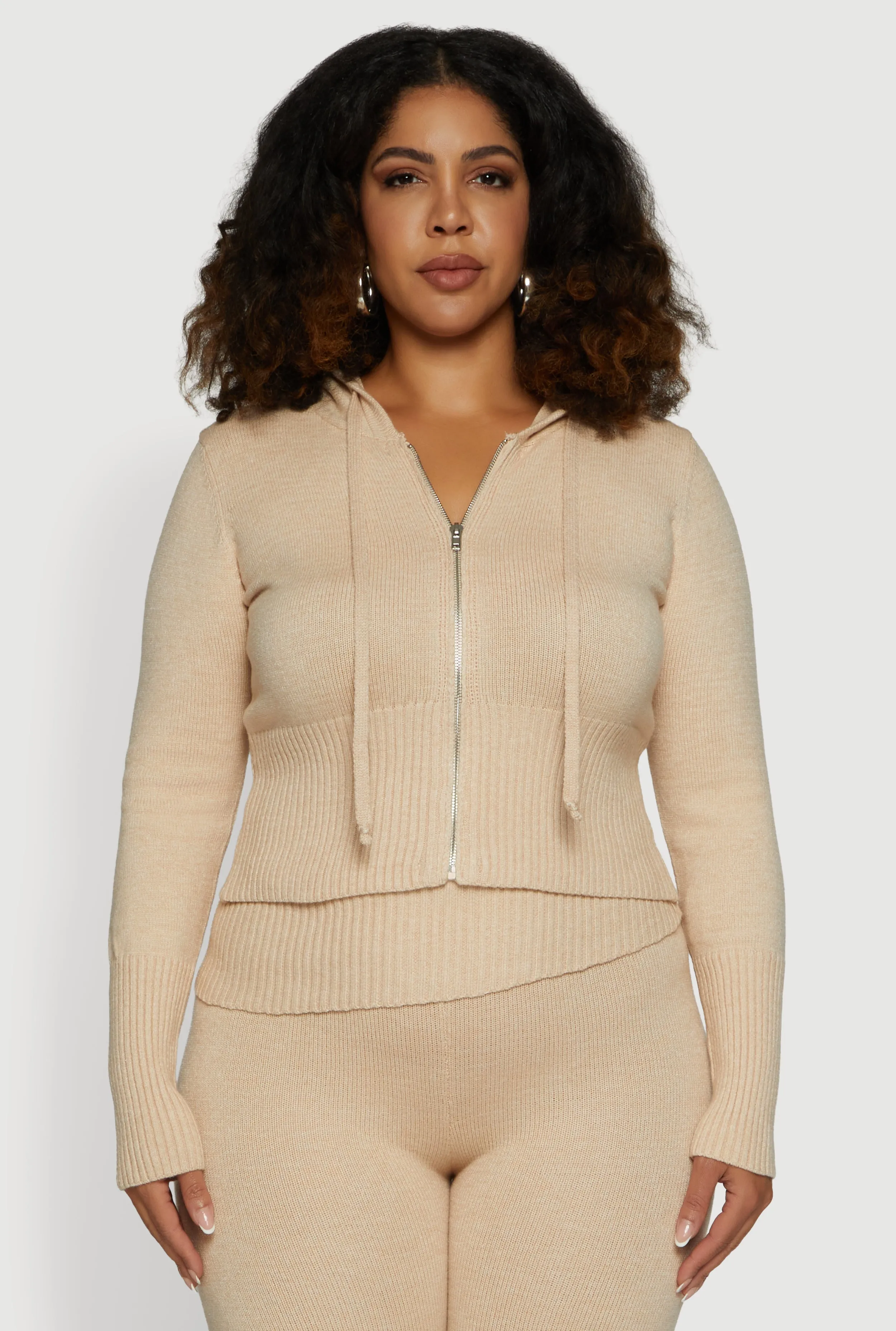 Plus Size Zip Front Hooded Ribbed Knit Cropped Sweater sold by Rainbow product image thumbnail 4