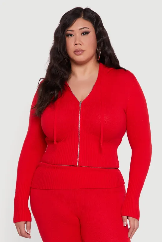 Plus Size Zip Front Hooded Ribbed Knit Cropped Sweater sold by Rainbow