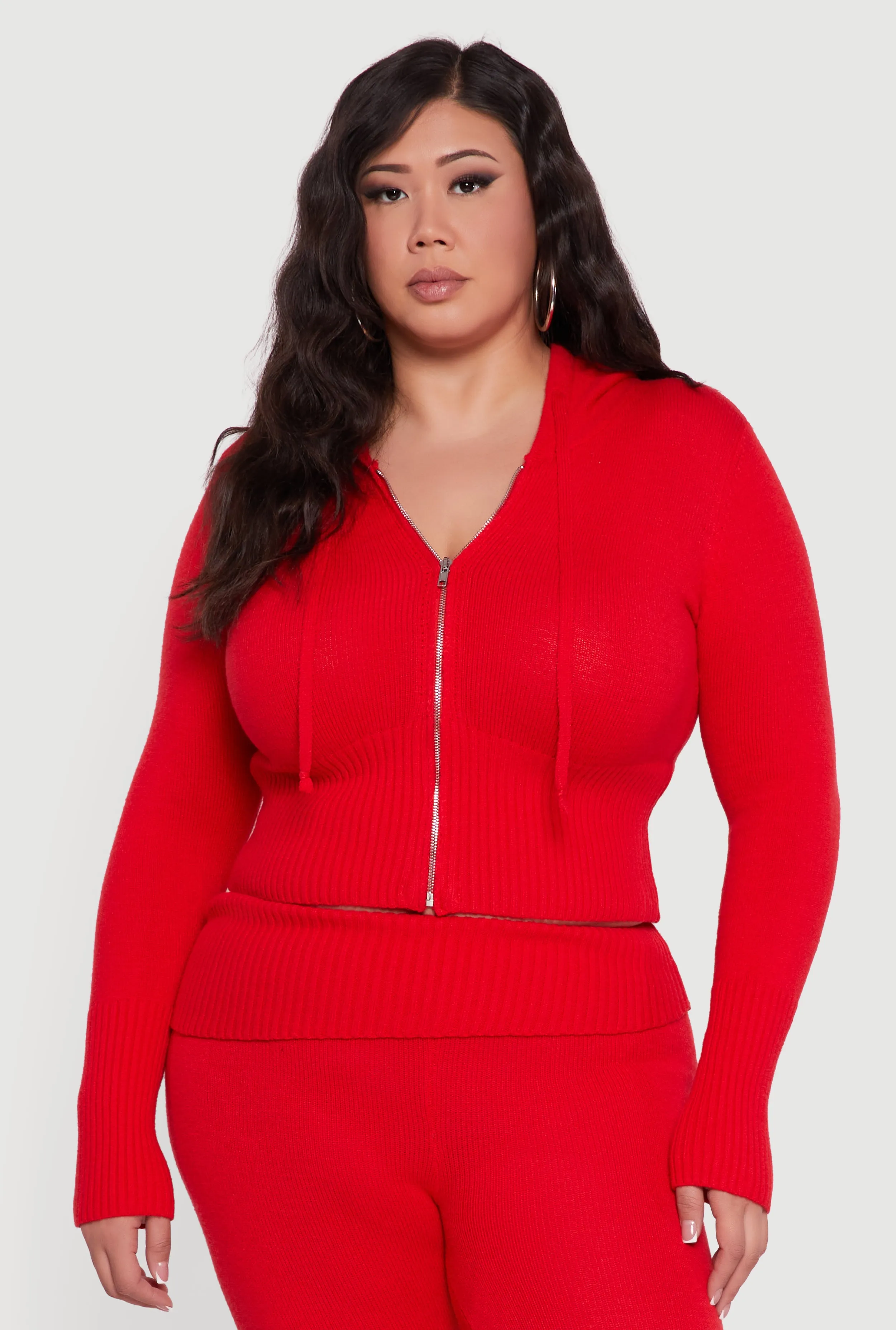 Plus Size Zip Front Hooded Ribbed Knit Cropped Sweater sold by Rainbow