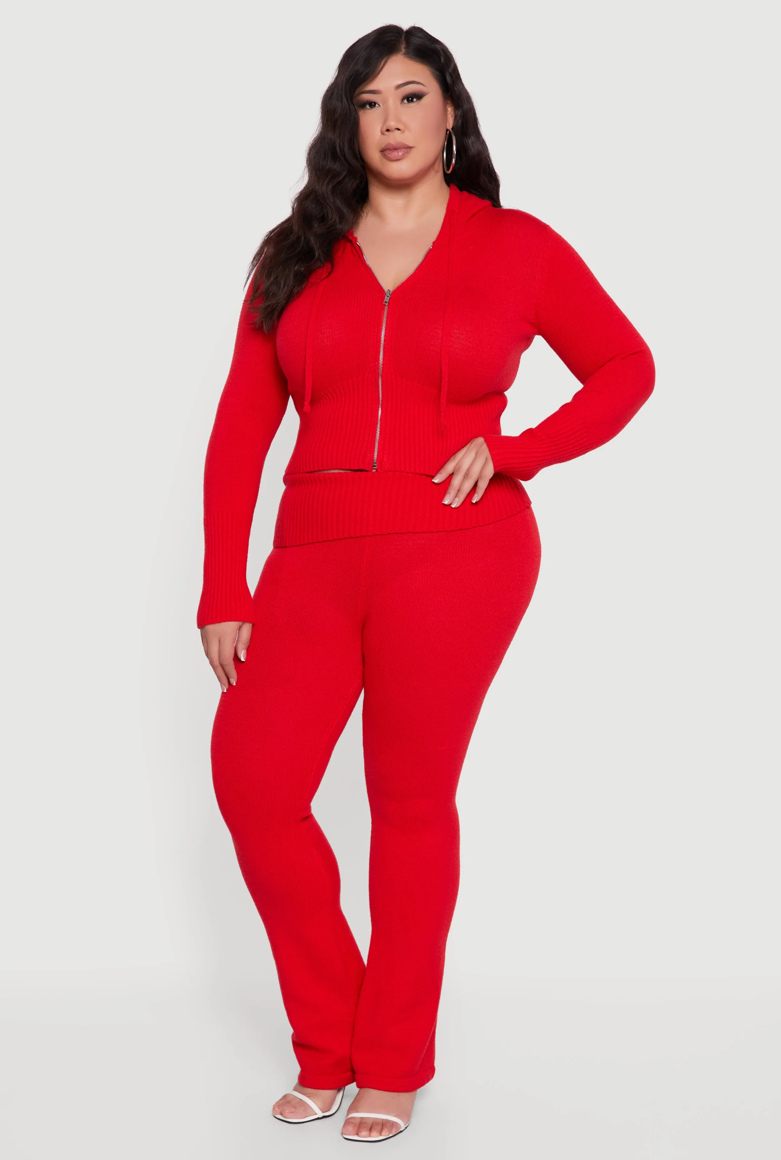 Plus Size Zip Front Hooded Ribbed Knit Cropped Sweater sold by Rainbow product image thumbnail 2