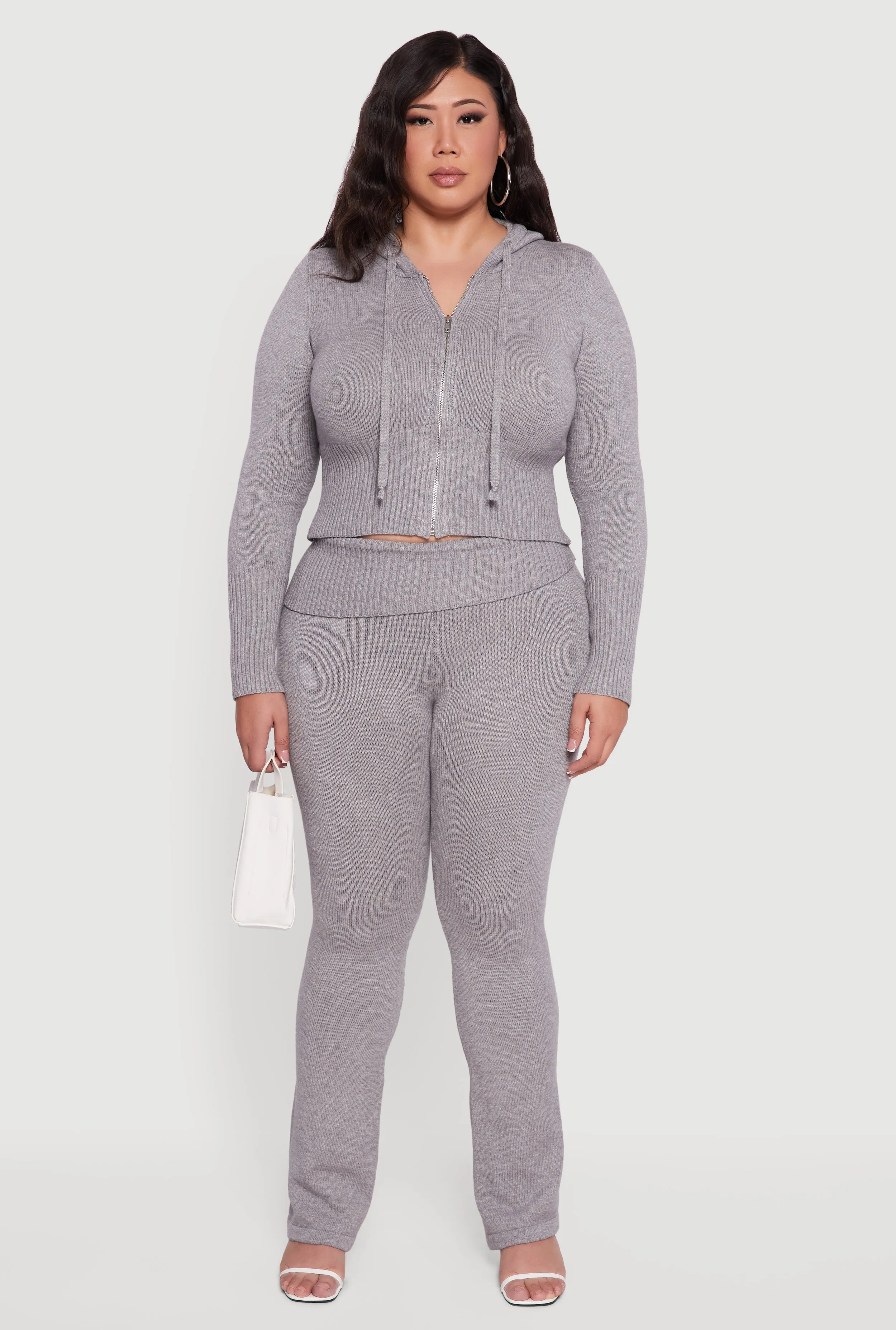 Plus Size Zip Front Hooded Ribbed Knit Cropped Sweater sold by Rainbow product image thumbnail 3