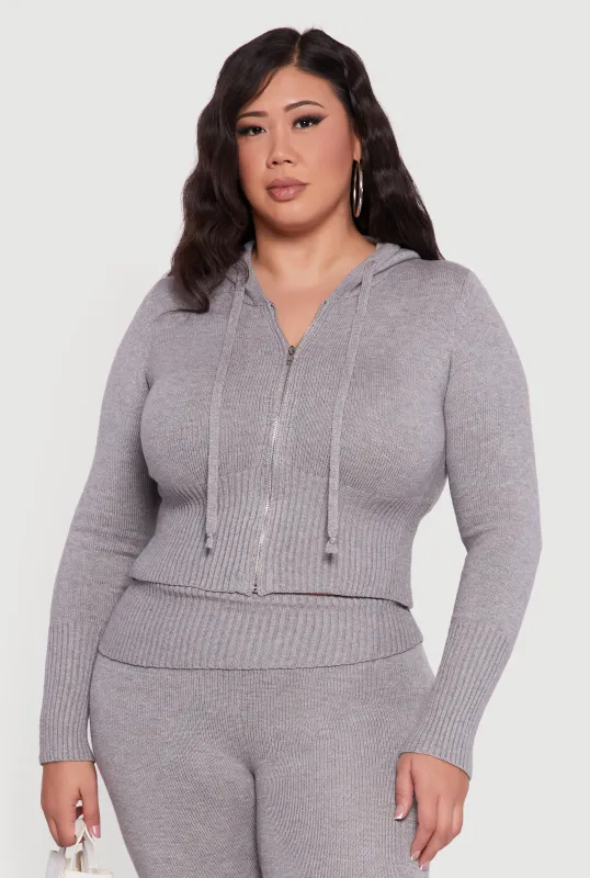 Plus Size Zip Front Hooded Ribbed Knit Cropped Sweater sold by Rainbow