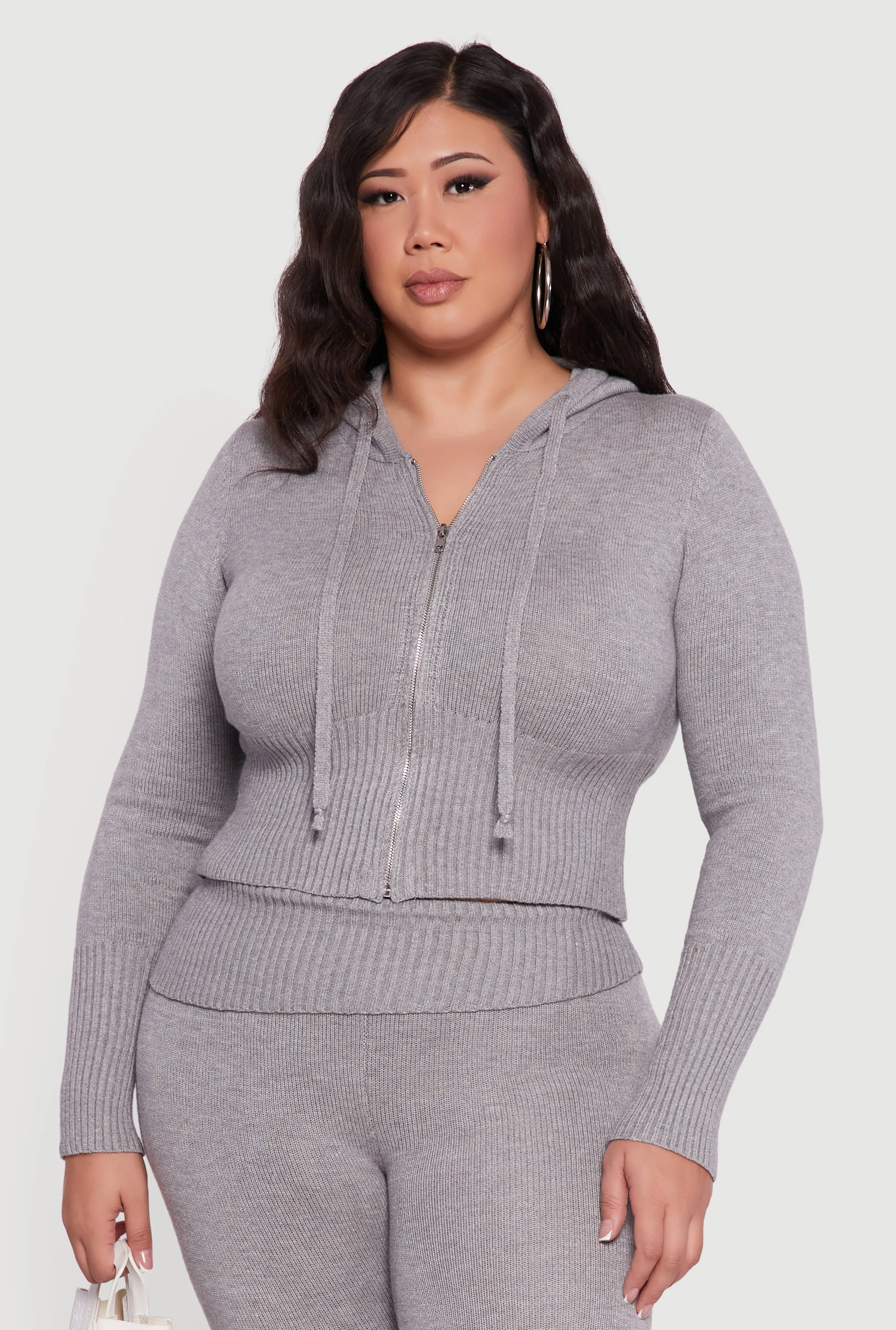 Plus Size Zip Front Hooded Ribbed Knit Cropped Sweater sold by Rainbow