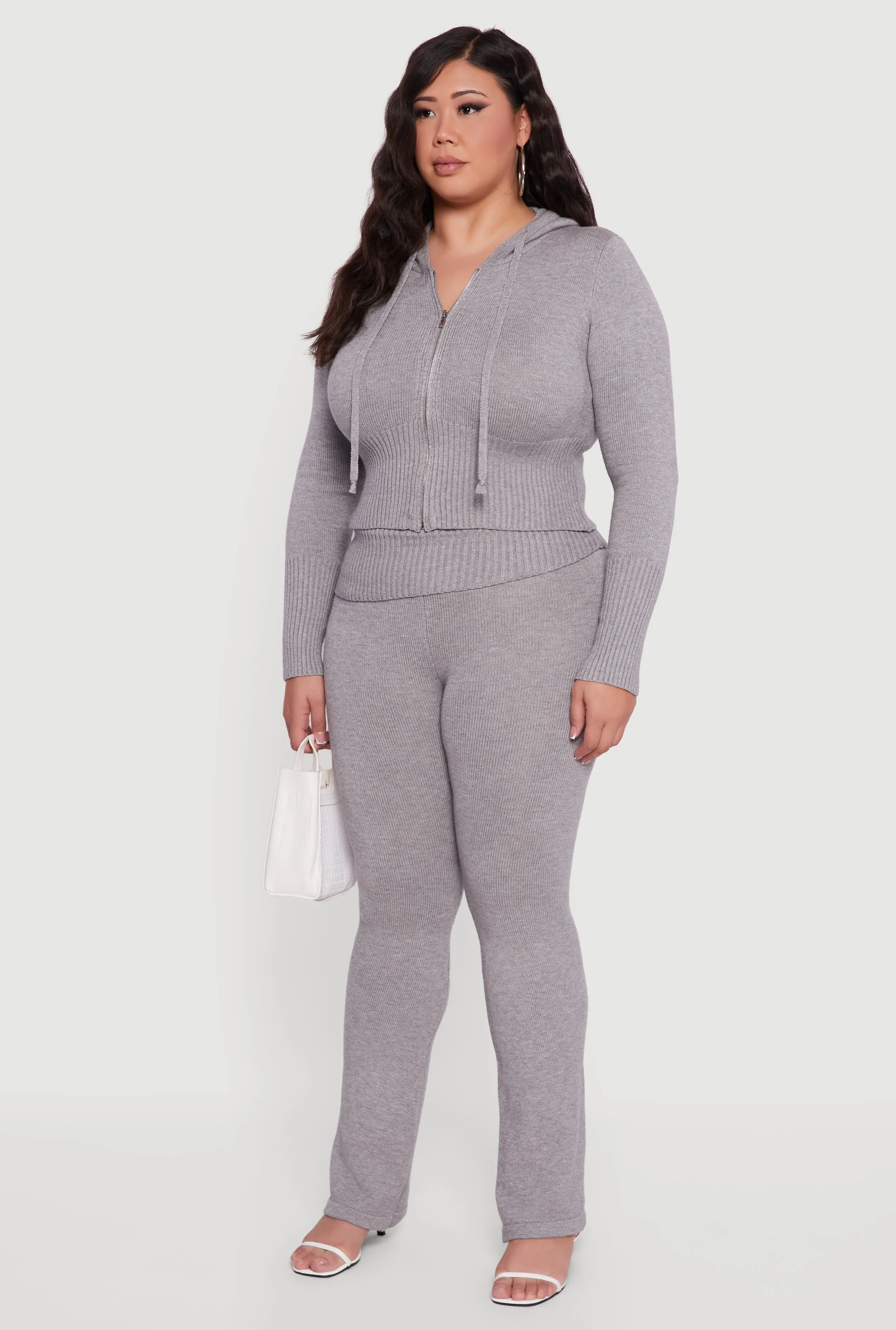 Plus Size Zip Front Hooded Ribbed Knit Cropped Sweater sold by Rainbow product image thumbnail 5