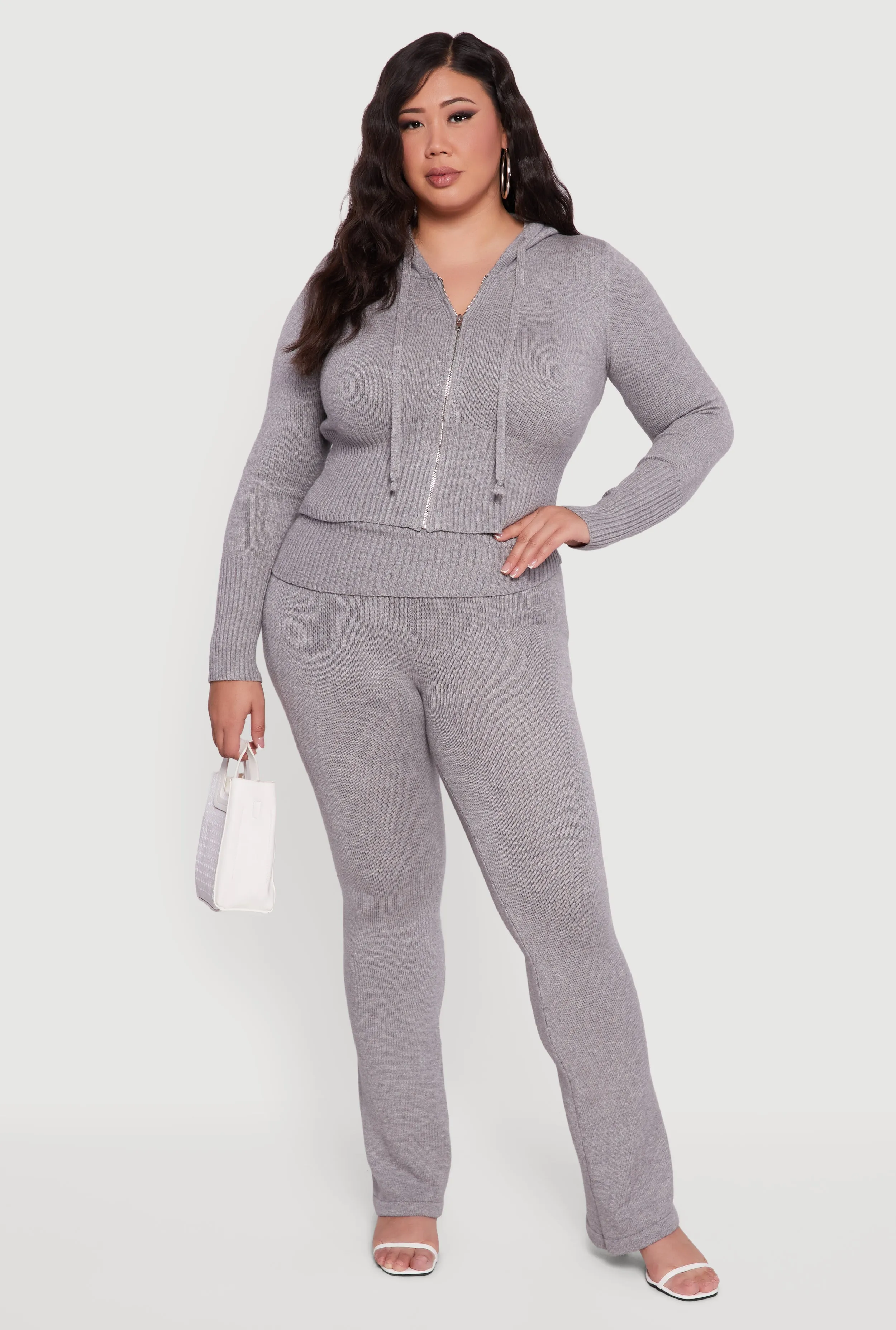 Plus Size Zip Front Hooded Ribbed Knit Cropped Sweater sold by Rainbow product image thumbnail 2