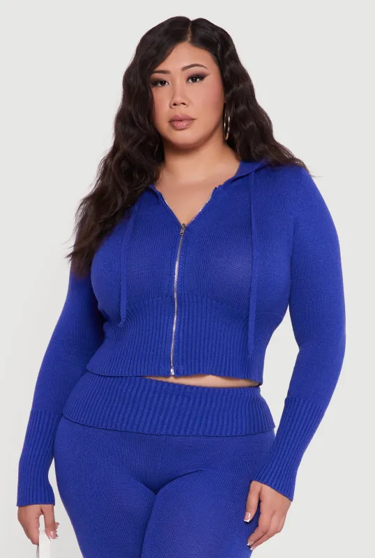 Plus Size Zip Front Hooded Ribbed Knit Cropped Sweater sold by Rainbow