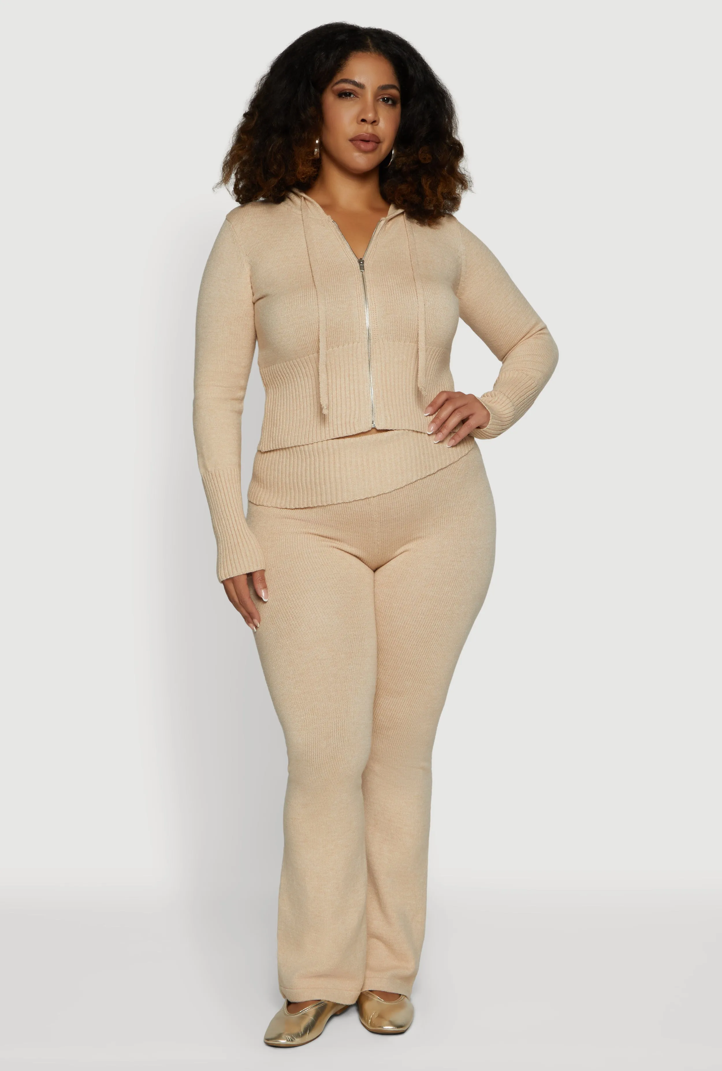 Plus Size Zip Front Hooded Ribbed Knit Cropped Sweater sold by Rainbow product image thumbnail 2