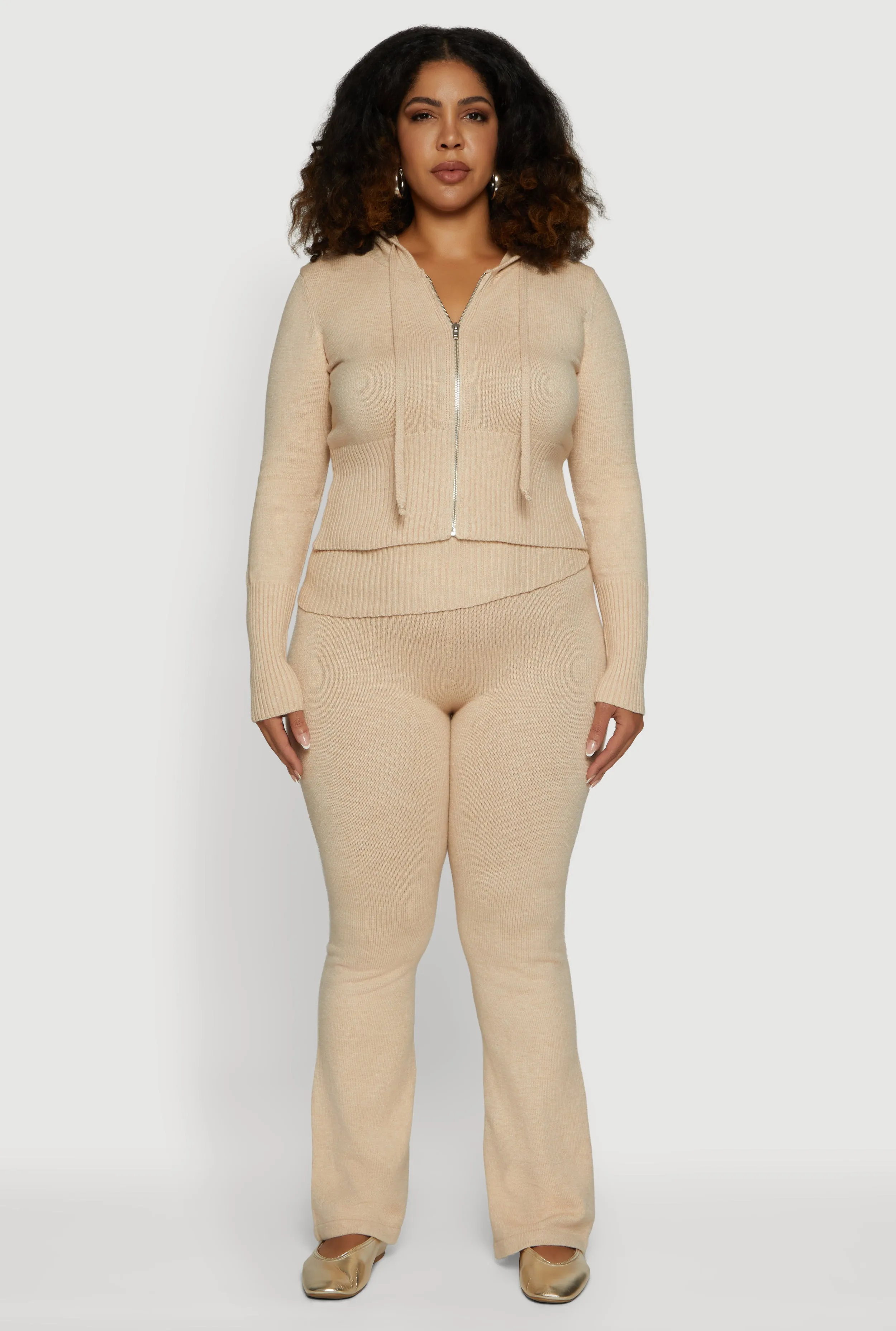 Plus Size Zip Front Hooded Ribbed Knit Cropped Sweater sold by Rainbow product image thumbnail 3