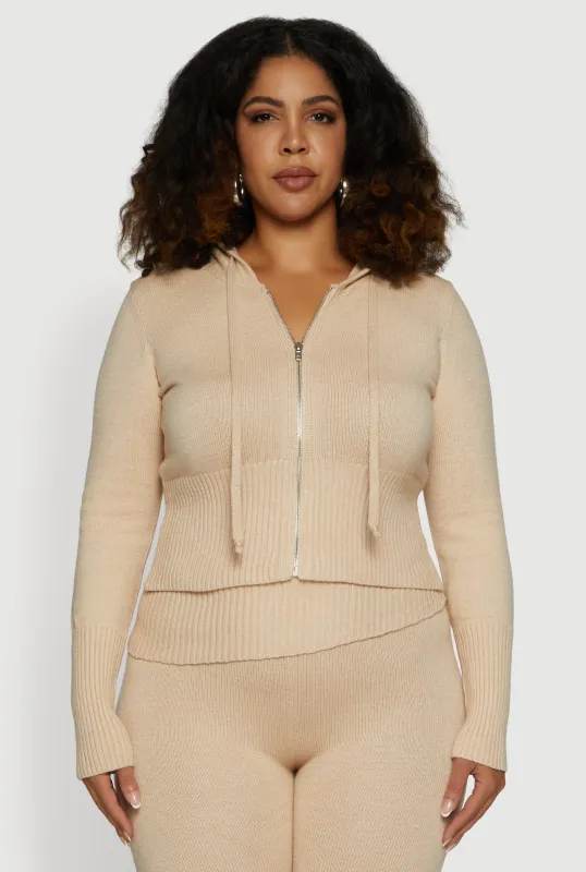 Plus Size Zip Front Hooded Ribbed Knit Cropped Sweater sold by Rainbow