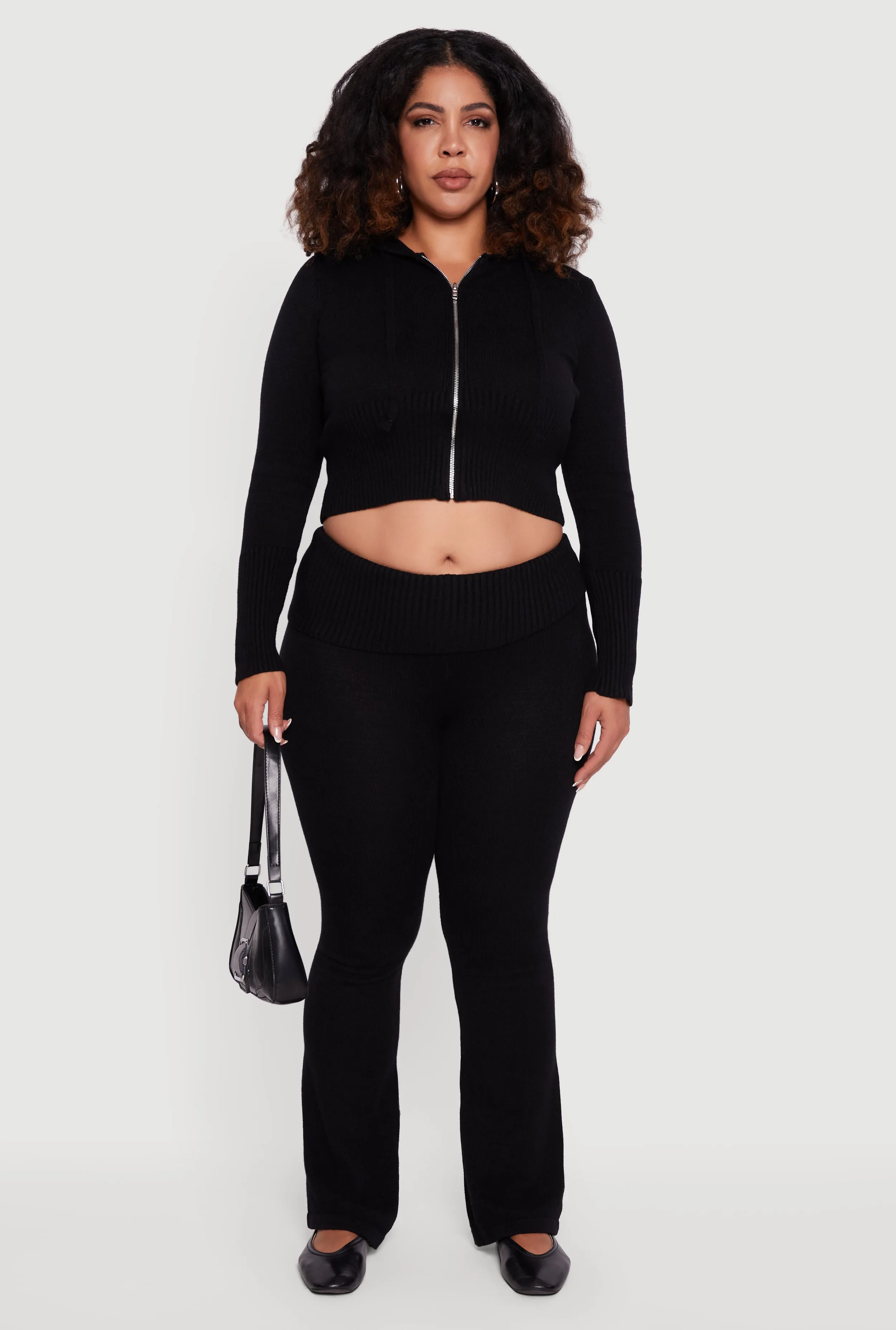 Plus Size Ribbed Knit Fold Over Flare Pants sold by Rainbow