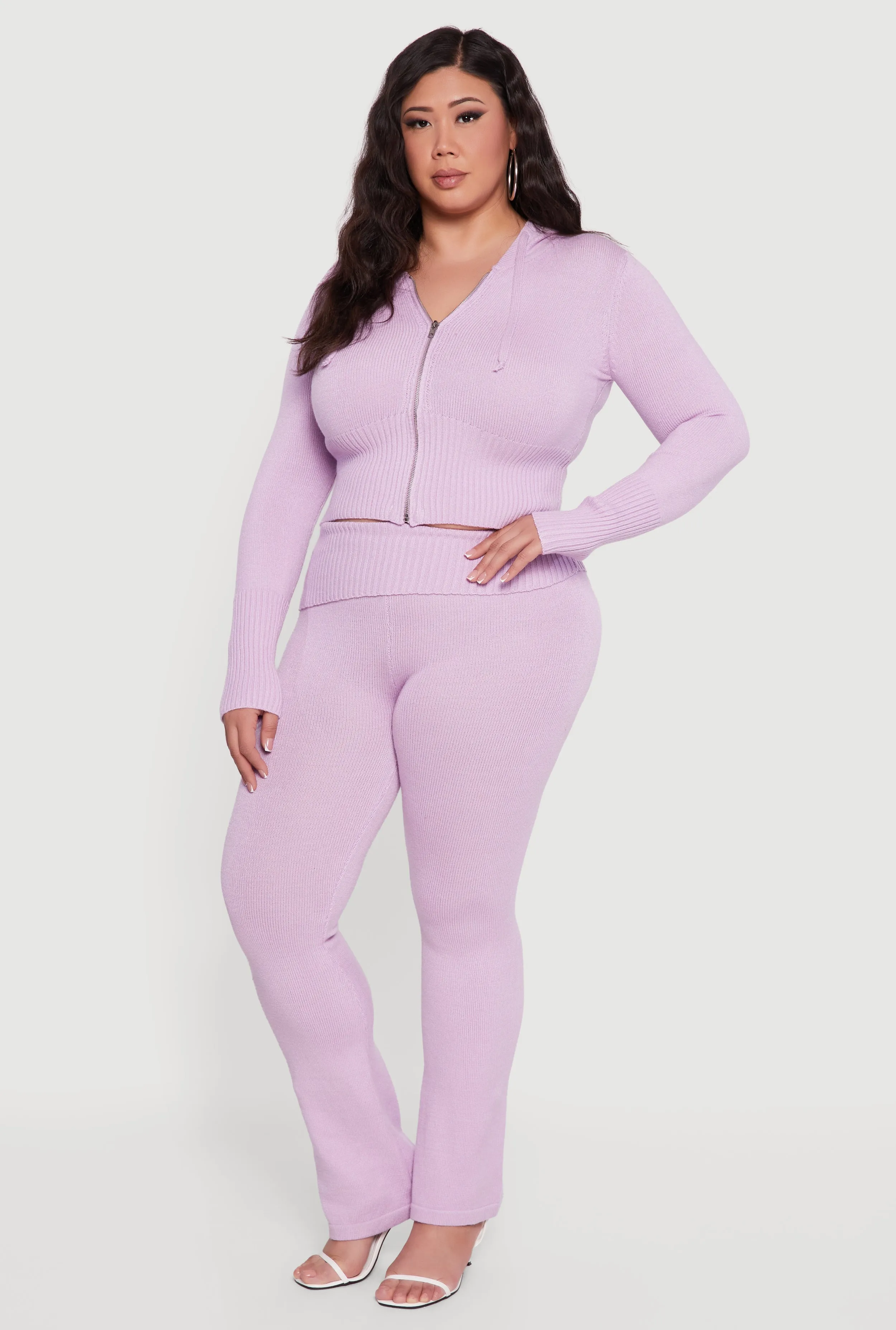 Plus Size Zip Front Hooded Ribbed Knit Cropped Sweater sold by Rainbow product image thumbnail 2